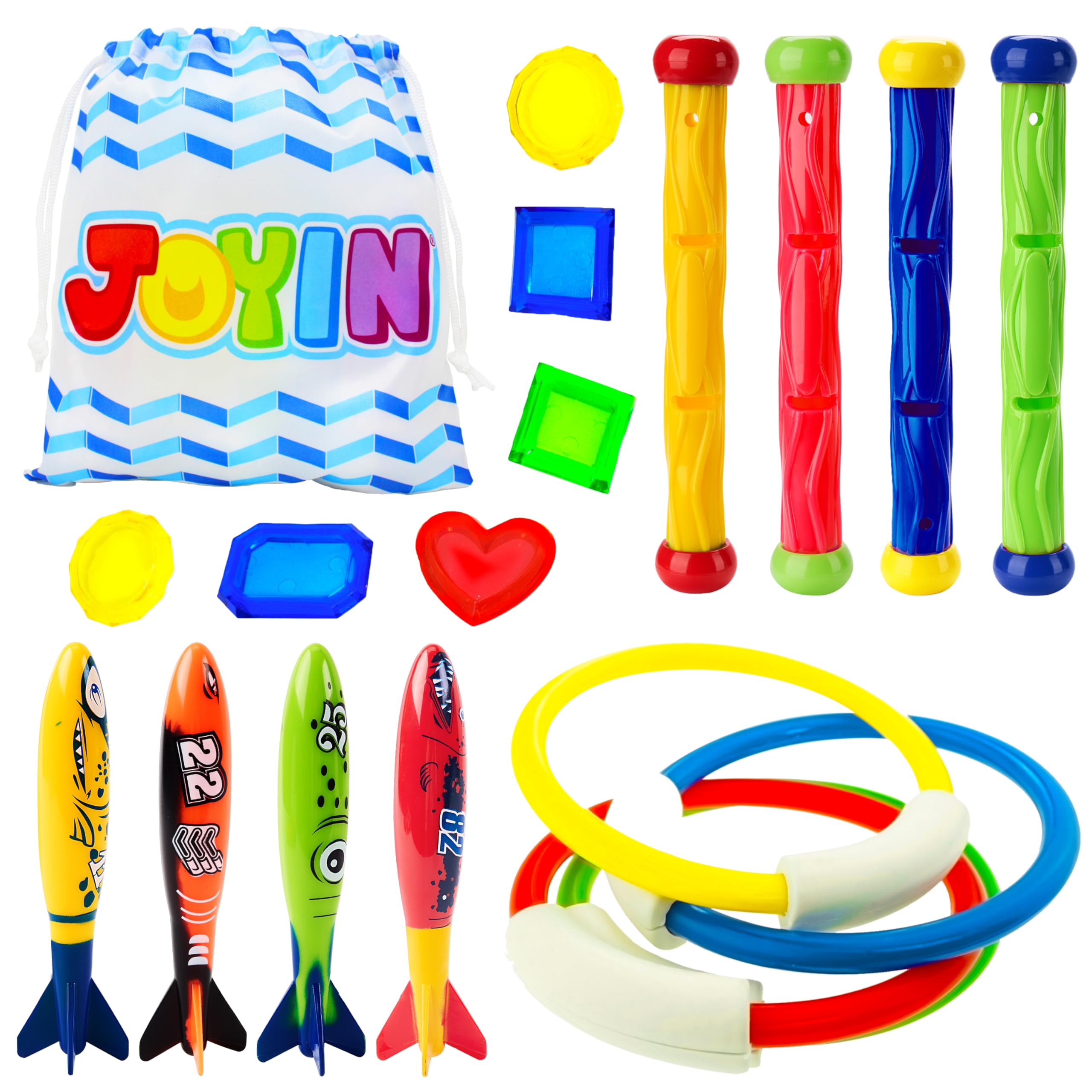 JOYIN 18Pcs Diving Pool Toys for Kids, Swimming Pool Toy with Storage Bag Includes 4 Pool Rings, 4 Diving Sticks, 4 Bandits, 6 Treasures Underwater Swim Pool Games for Ages 8-12
