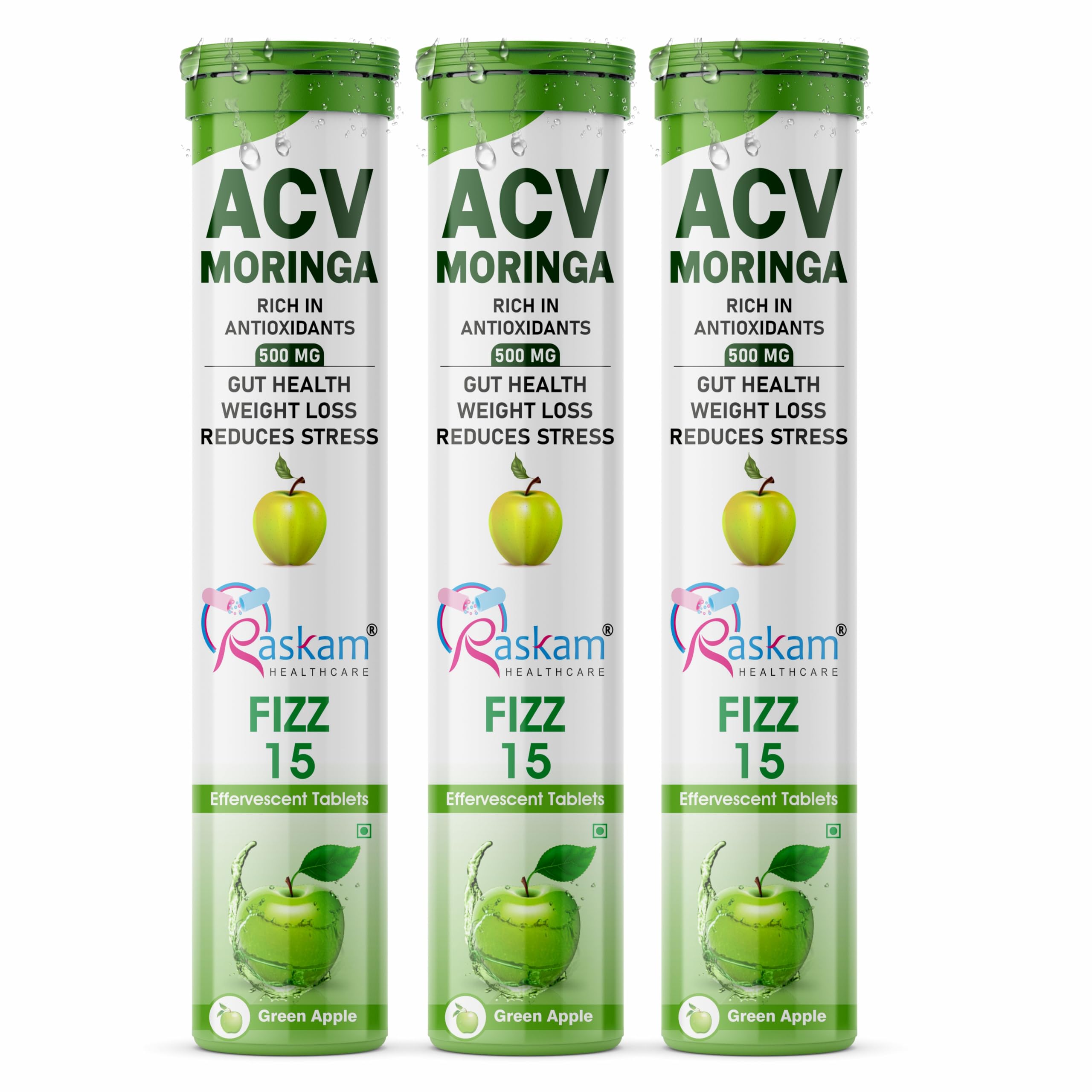 ACV Moringa Effervescent Tablets | Fizz 15 Tablets in Green Apple Flavor, 500mg| Natural Energy & Immunity Booster with Antioxidants to Control Cravings (Pack of 3)