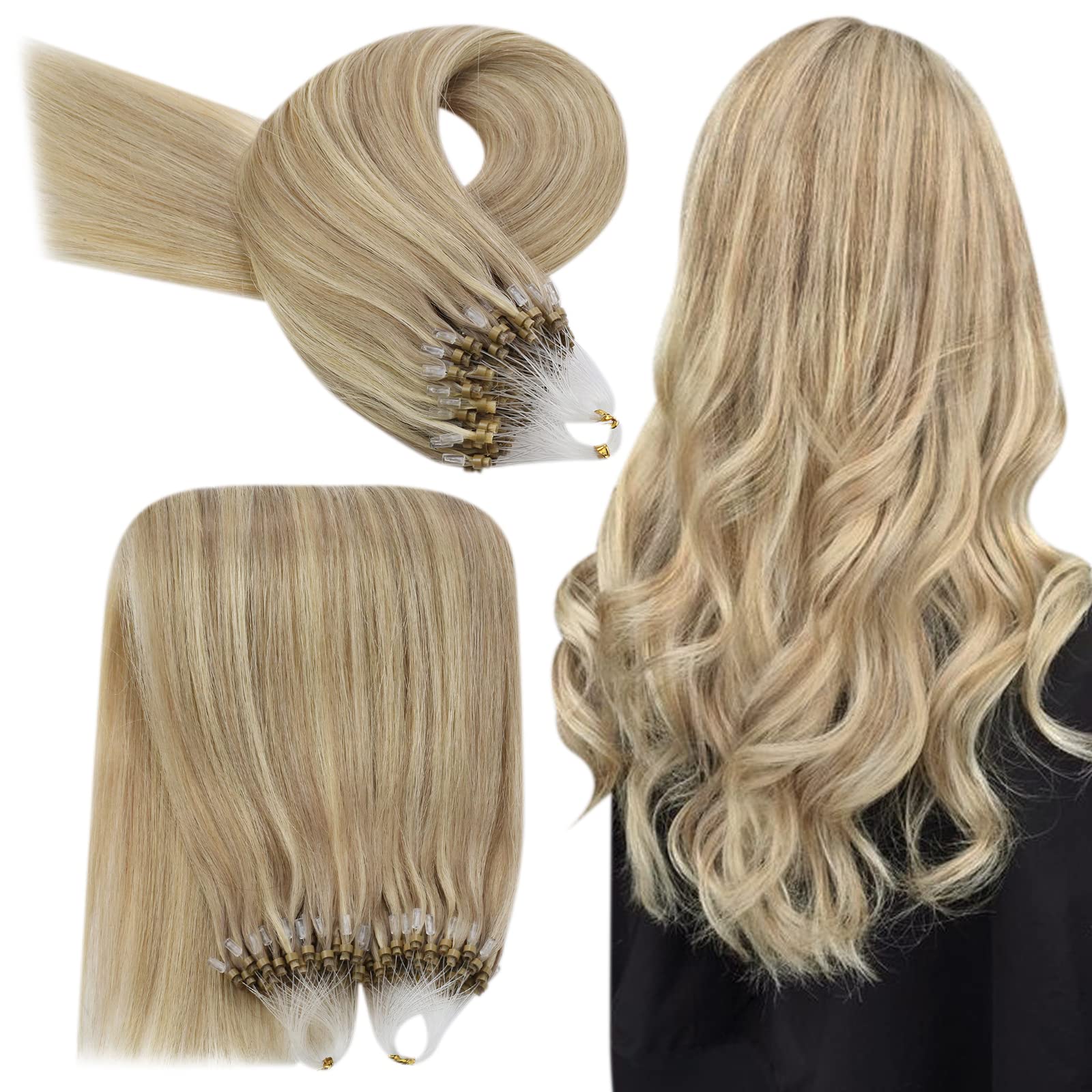 YoungSee Micro Loop Hair Extensions Real Human Hair 16 Inch Micro Bead Hair Extensions Blonde Highlights with Ash Blonde Microlink Extensions Human Hair 1g/s Micro Ring Hair Extensions 50 Strands