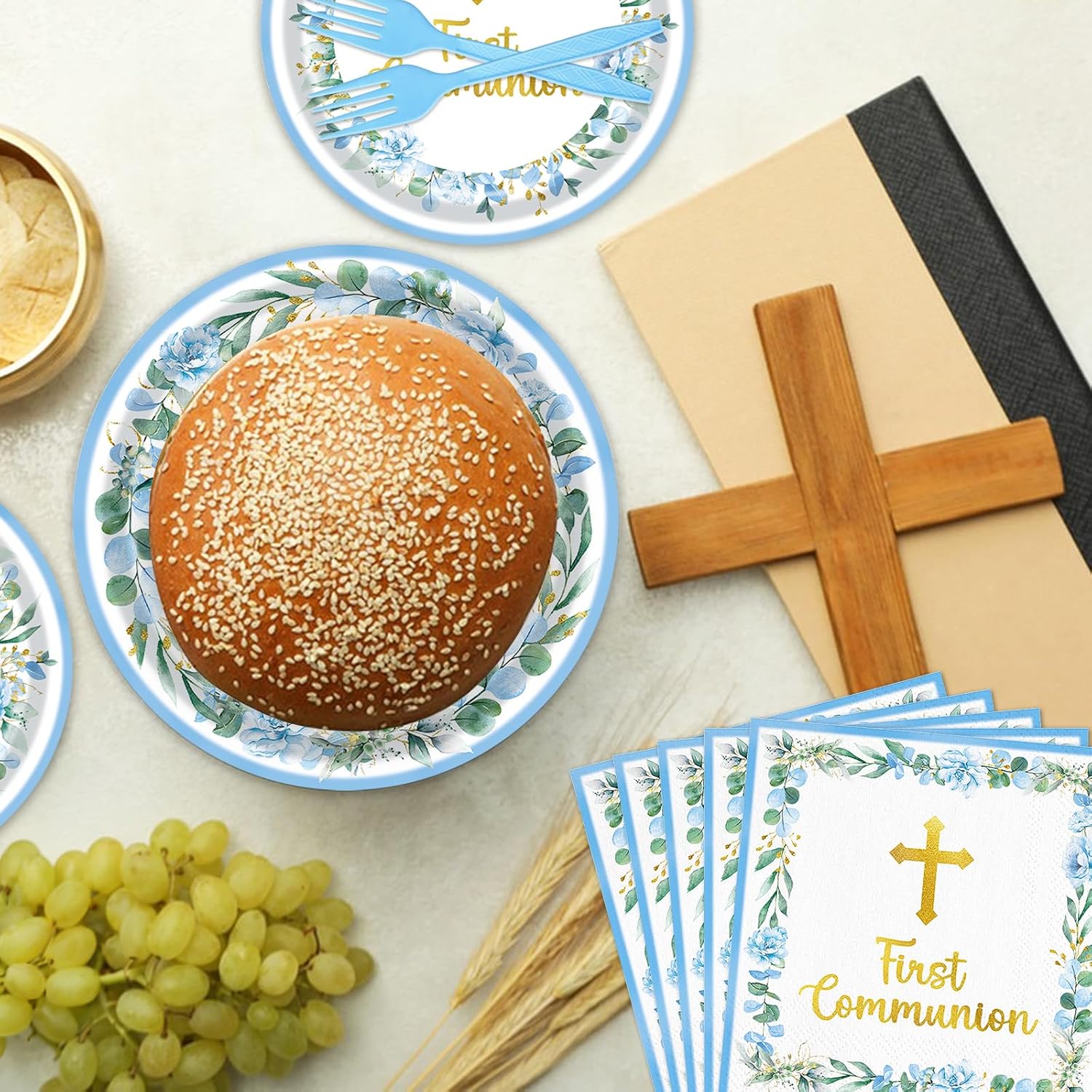 96 Pieces First Communion Floral Tableware Set – Blue Floral Cross Disposable Plates, Napkins for First Communion Party, Christening, Baptism, and Religious Celebrations – Serves 24 Guests