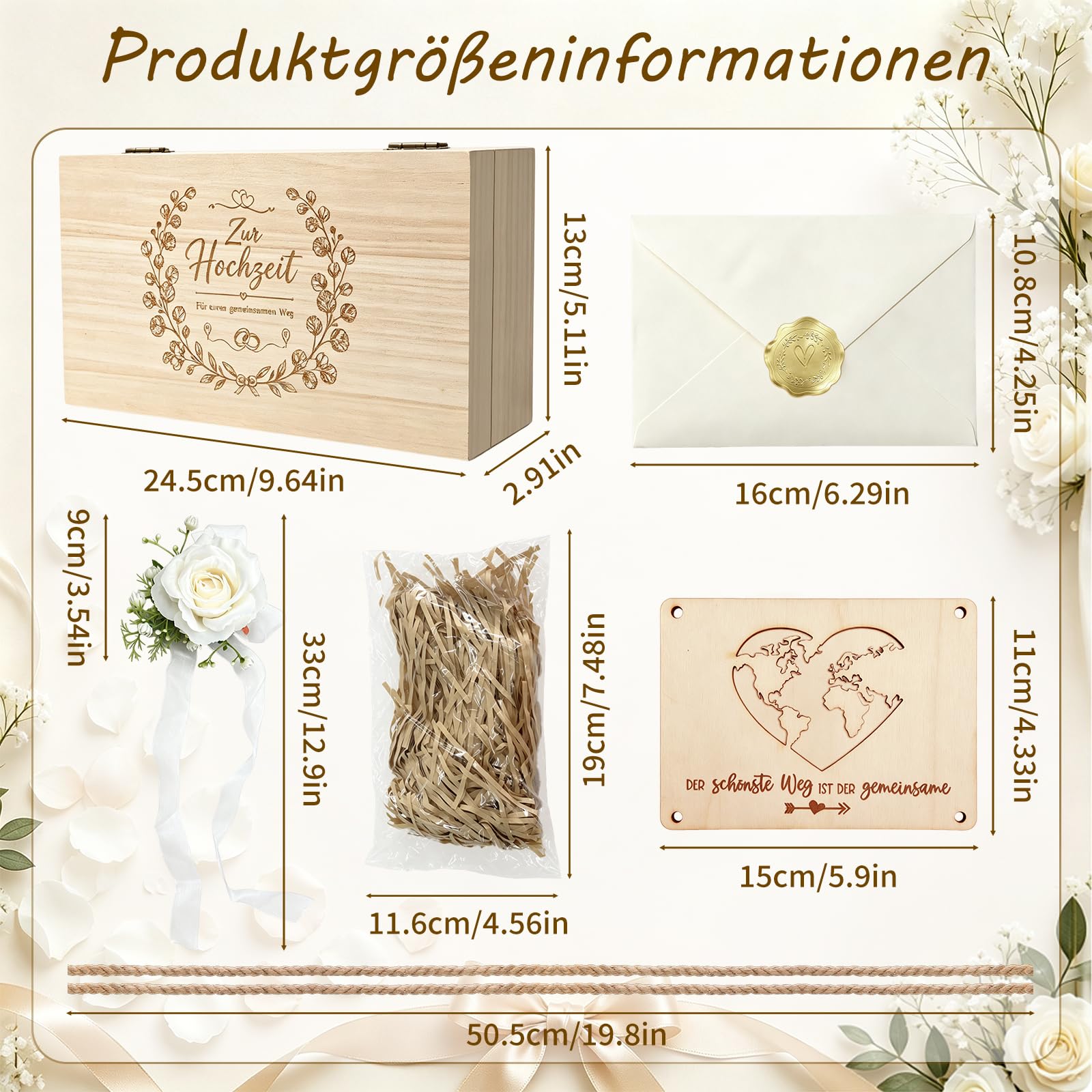 Caja de madera para regalo de boda, grande, regalo de boda para novios, caja de regalo con tarjeta, pinza para dinero y flores secas, para bodas para tu camino común