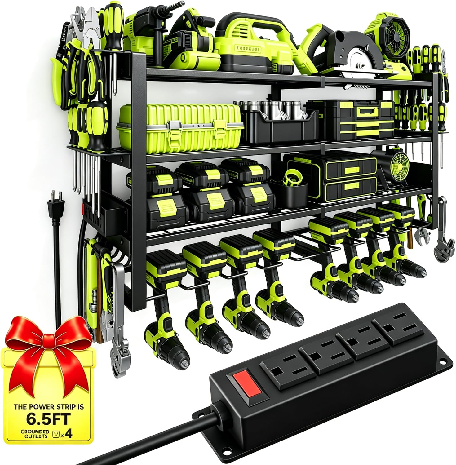 Jusgym Organizador de herramientas eléctricas de pared con estación de carga | Estante de almacenamiento de herramientas de garaje de 650 libras con 8 soportes inalámbricos para taladro | Organización