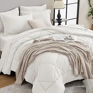 HEVUMYI Ivory Twin Comforter Set - 5-Piece All Season Bed in a Bag Twin, Ultra Soft Bedding Set with Comforter, Flat Sheet, Fitted Sheet, Pillowcases, Pillow Shams