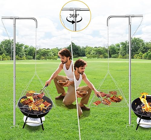 Miniatura 4 de Parrilla de camping de acero inoxidable  Altura ajustable, 360 giratorio y plegable Equipo de cocina de fuego de campamento, resistente y portátil