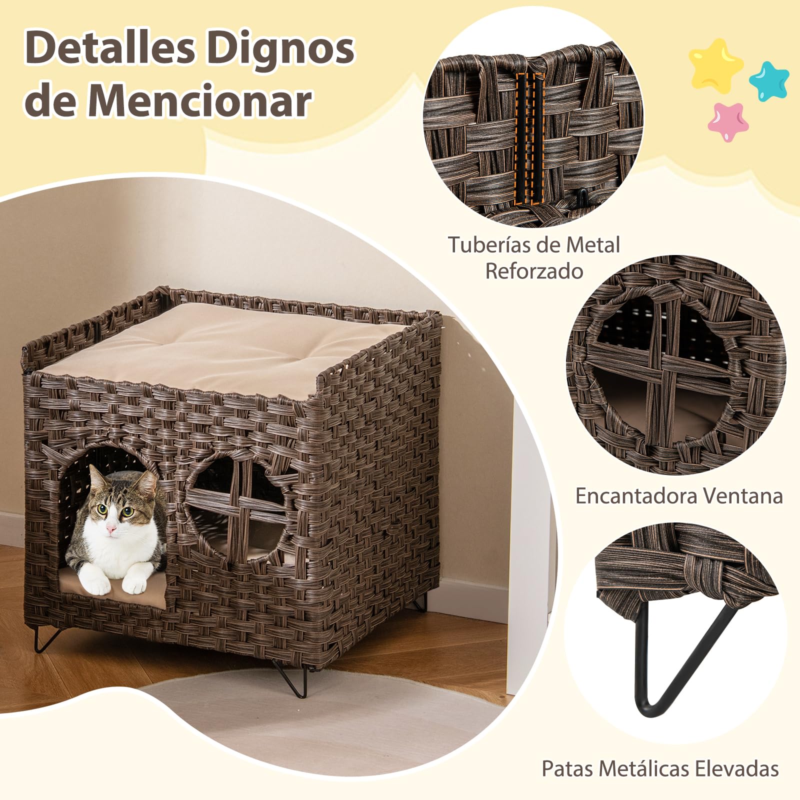 COSTWAY Casa Plegable de 2 Niveles para Gatos, Condominio de Ratán con Percha Elevada, Cueva para Esconderse, Cojines Extraíbles, Mueble para Mascotas de Interior y Exterior, Mesita Auxiliar