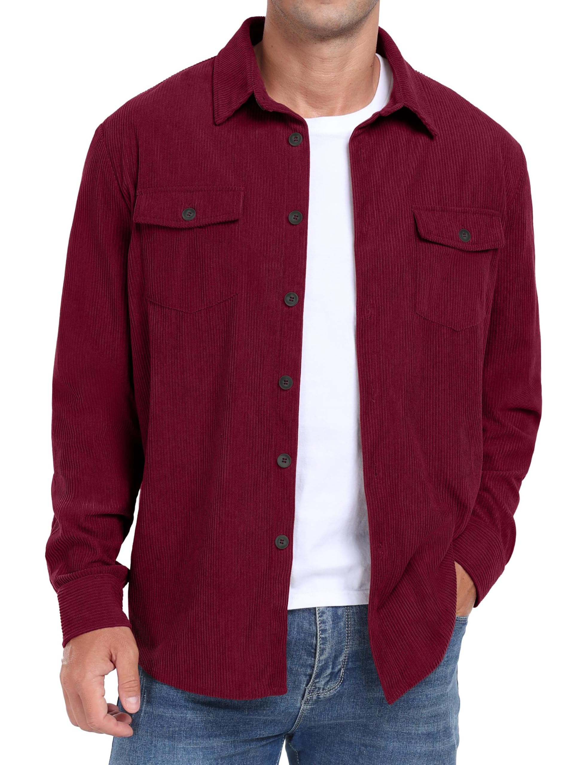 QIXING Camicie da uomo in velluto a coste con bottoni a maniche lunghe, giacca da camionista autunno inverno cappotti con tasche con patta