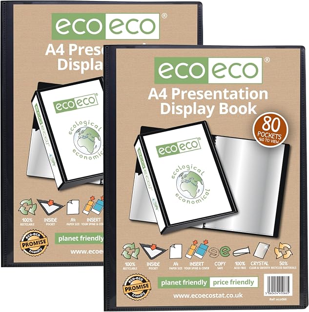 eco-eco A4 Size 50% Recycled 80 Pocket Black Presentation Display Book, Storage Case Portfolio Art Folder with Plastic Sleeves, (Pack of 2 ), eco066x2
