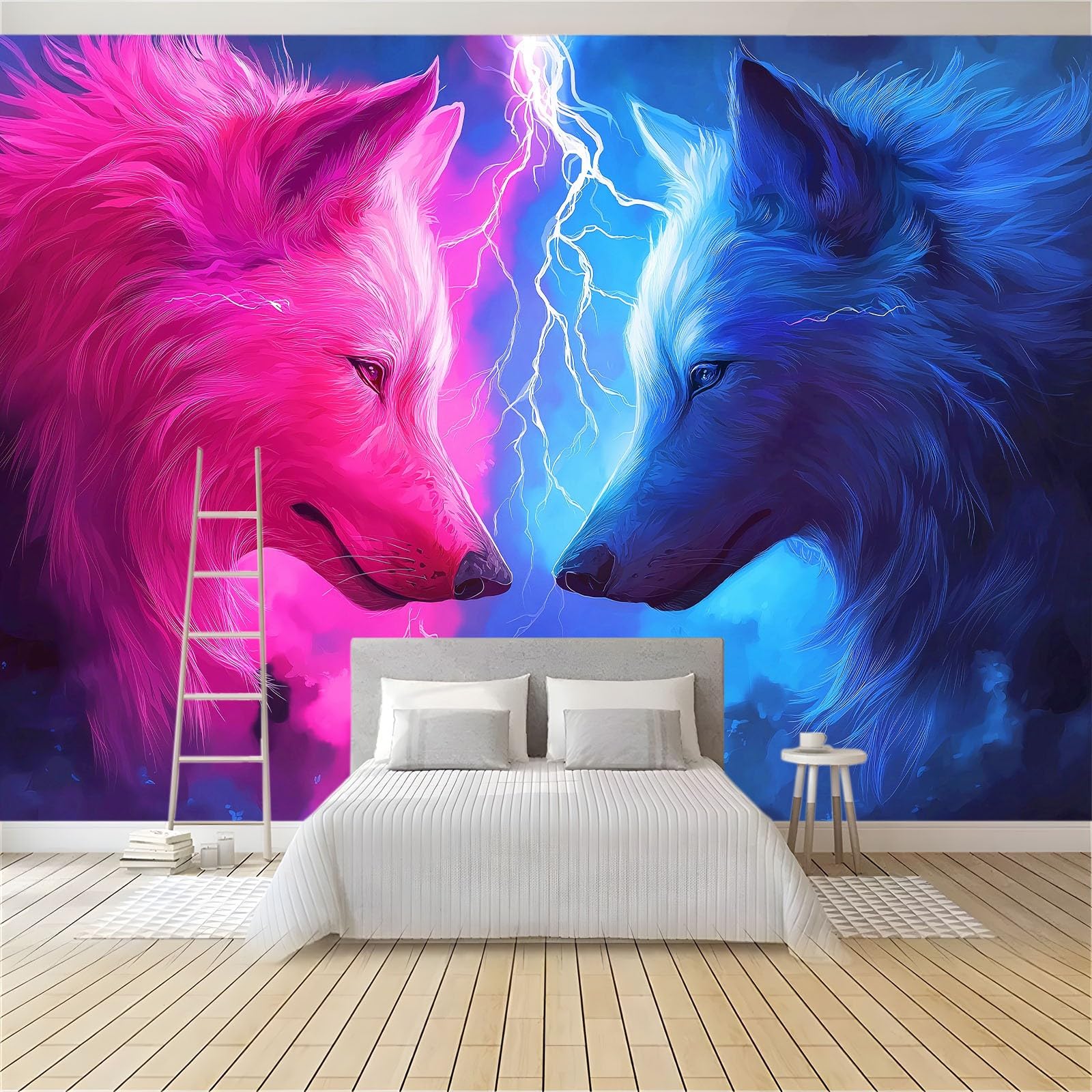 Générique Panoramiczna tapeta fantazyjne zwierzęta wilk błyskawica niebieski puder plakat ścienny z włókniny 350 x 256 cm dekoracja ścienna do salonu, sypialni, biura i tła telewizora