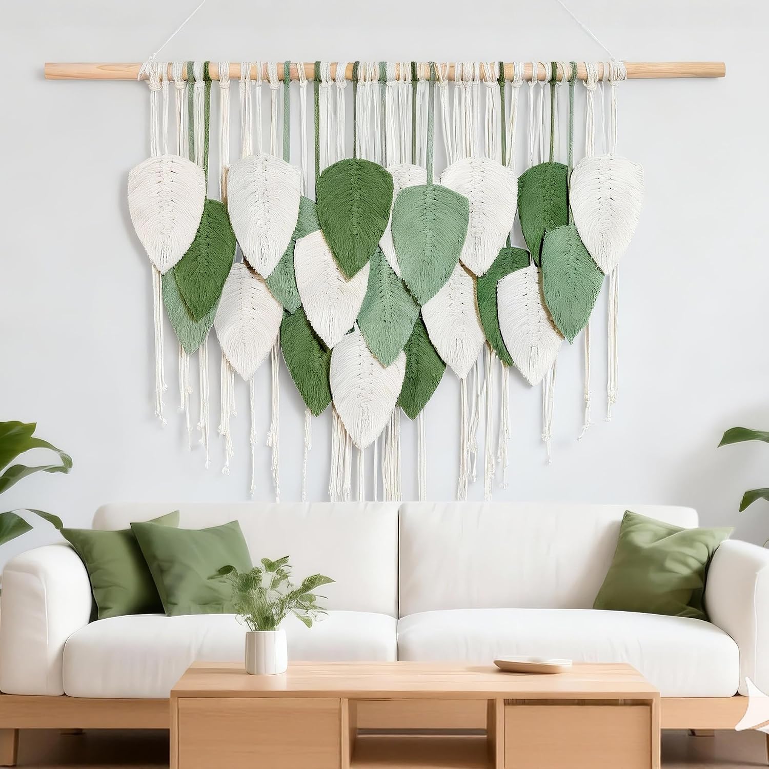 NYEONHRT Large Macrame Wall Hanging Handmade Boho Leaf and Feather Tapestry for Modern Home Decor Perfect Wall Art for Living Room Bedroom Nursery Apartment Backdrop 39x31 Inch (White green)