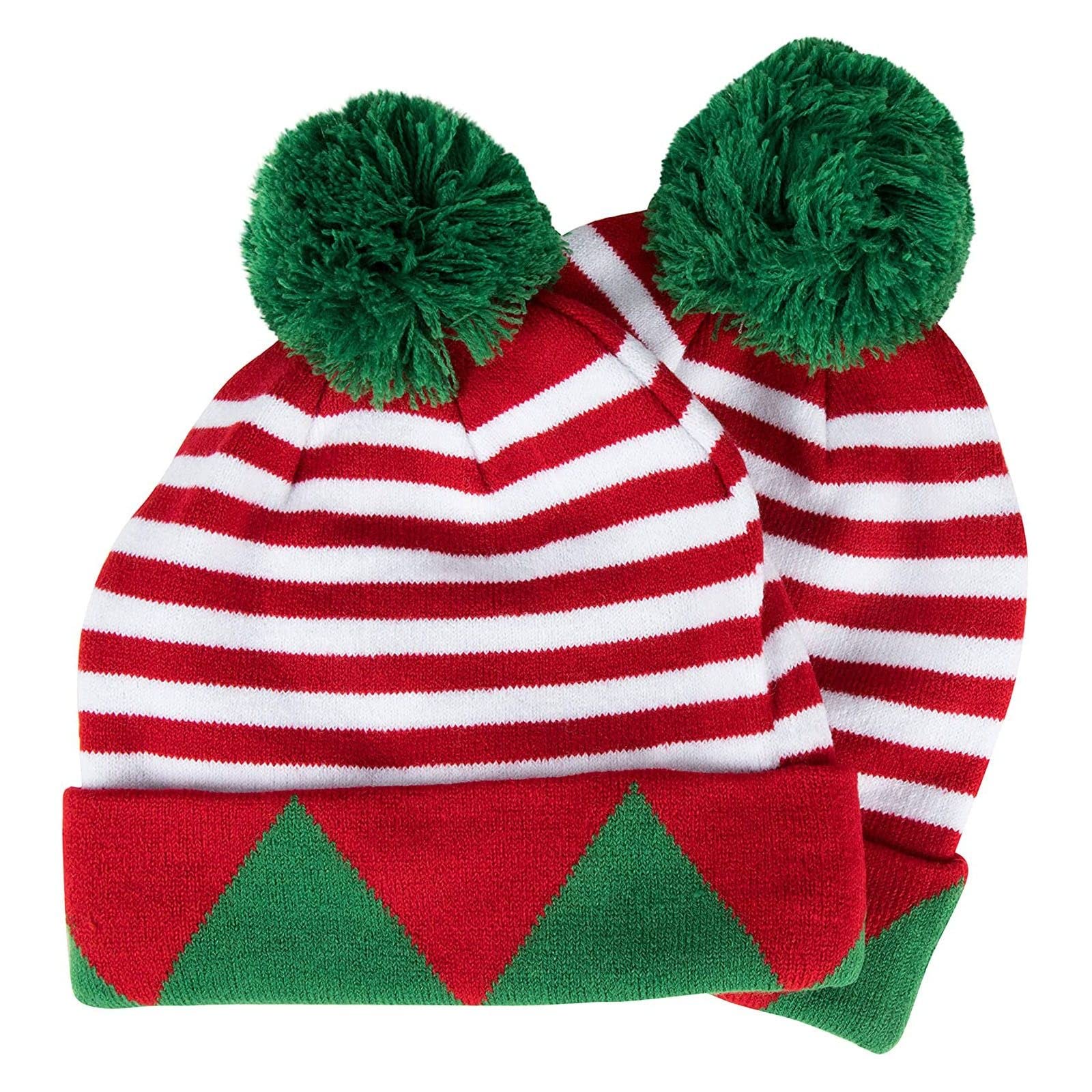 2 Pack Christmas Elf Hats for Adults, Striped Holiday Beanies with Green Pom Poms, Multicolor, One size