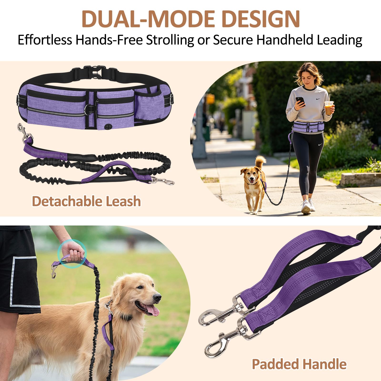 Guinzaglio Mani Libere per Cani con Marsupio e Porta Borraccia, Cintura Regolabile, Elastico Anti-Tiro Allungabile 150-220cm, Guinzaglio per Cani per Corsa Jogging Trekking, Viola