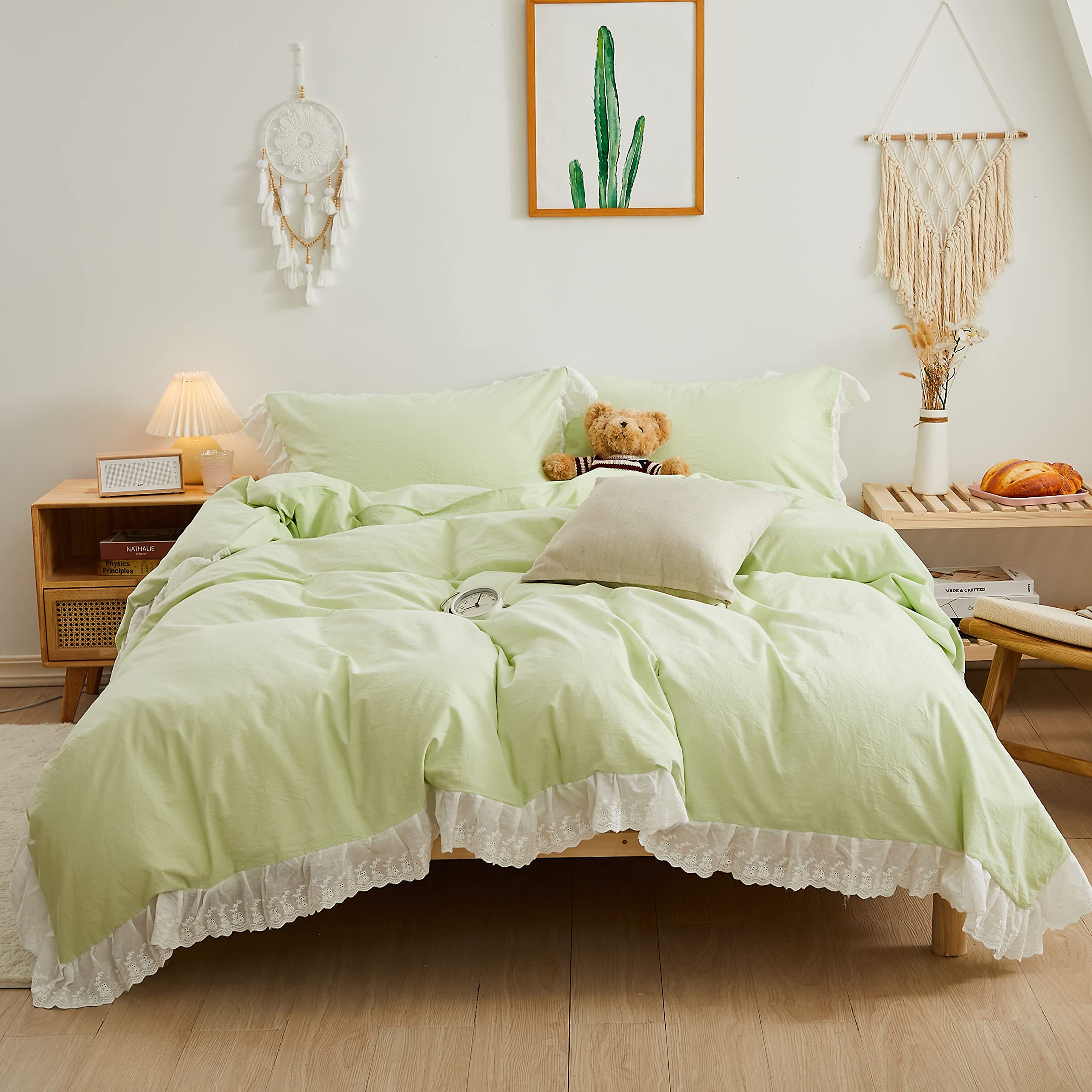Lace Duvet Cover Twin Ruffle Light Sage Green Bedding Set Vintage 100% Washed Cotton Princess Girls 3 Pcs with 2 Pillow Shams for Child Teen