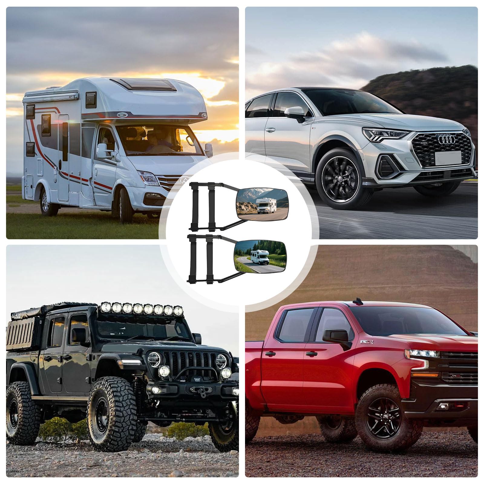Espejos de caravana, 2 piezas, espejos exteriores bilaterales universales para caravanas, con extensión giratoria y mosquetón, espejo convexo para todas las caravanas y vehículos comunes