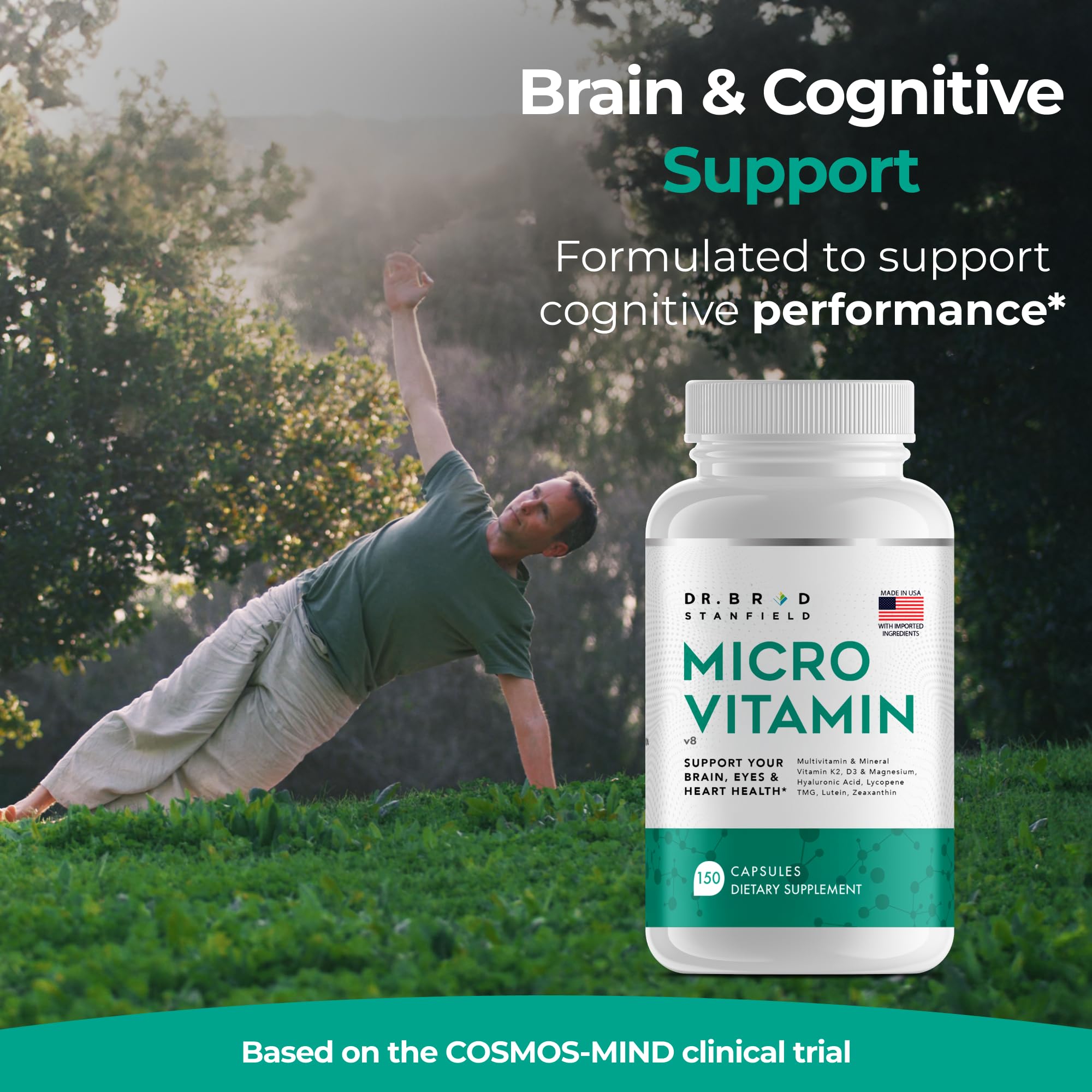 Dr Brad Daily Dosis Baja Multivitamina y mineral para hombres y mujeres para apoyar el rendimiento cognitivo y la memoria + ácido hialurónico para la salud de la piel + TMG para ejercicio (150