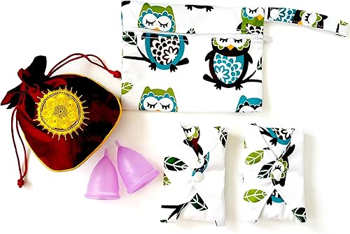 Kit de inicio de período, juego de 6 piezas 1 taza menstrual pequeña, 1 grande, 1 bolsa pequeña, 2 almohadillas de tela para mujer, 1 bolsa húmeda