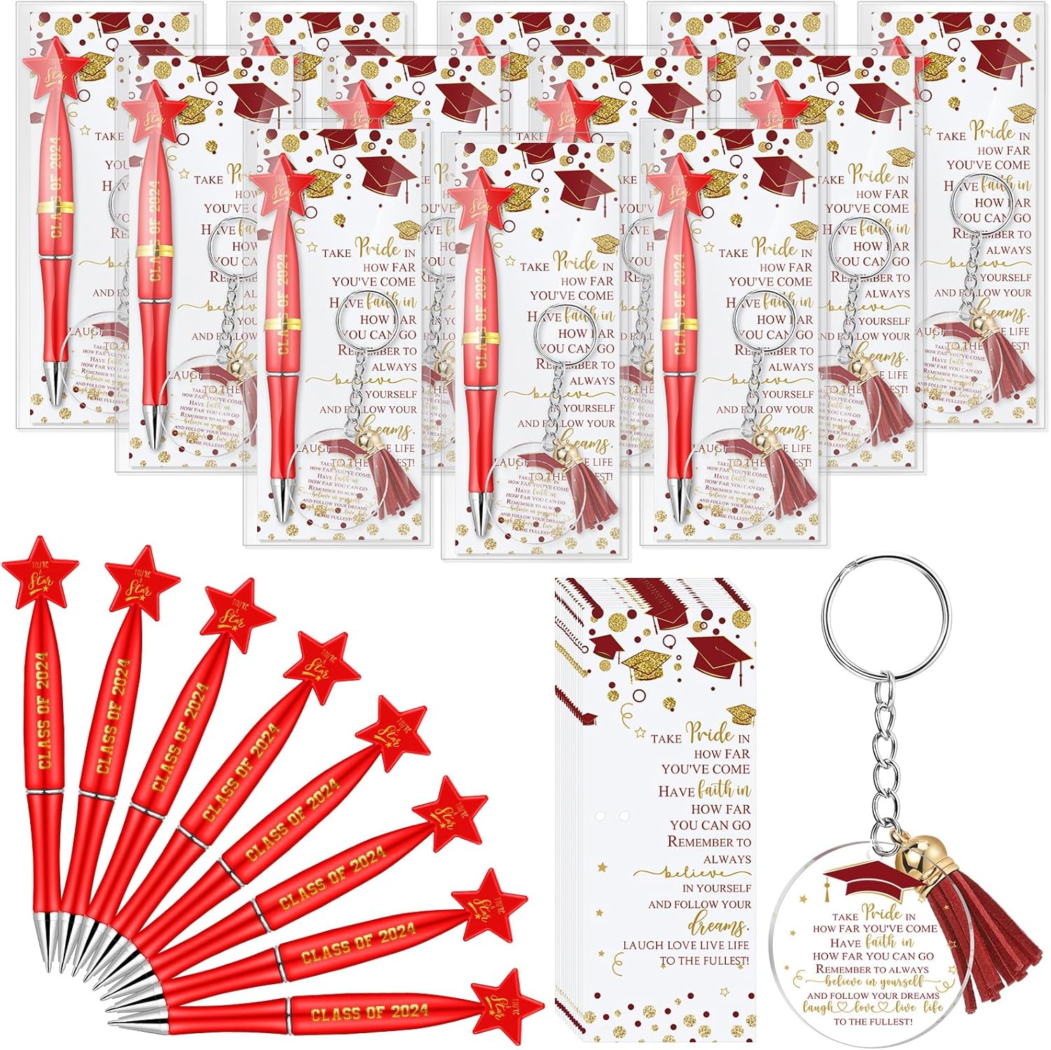 Spakon 24 Sets Graduation Gifts Bulk Class of 2025 Graduation Favors Star Pens with Positive Cards, Inspirational Acrylic Keychains with Tassel for Teacher Students End of Year Gifts(Red)