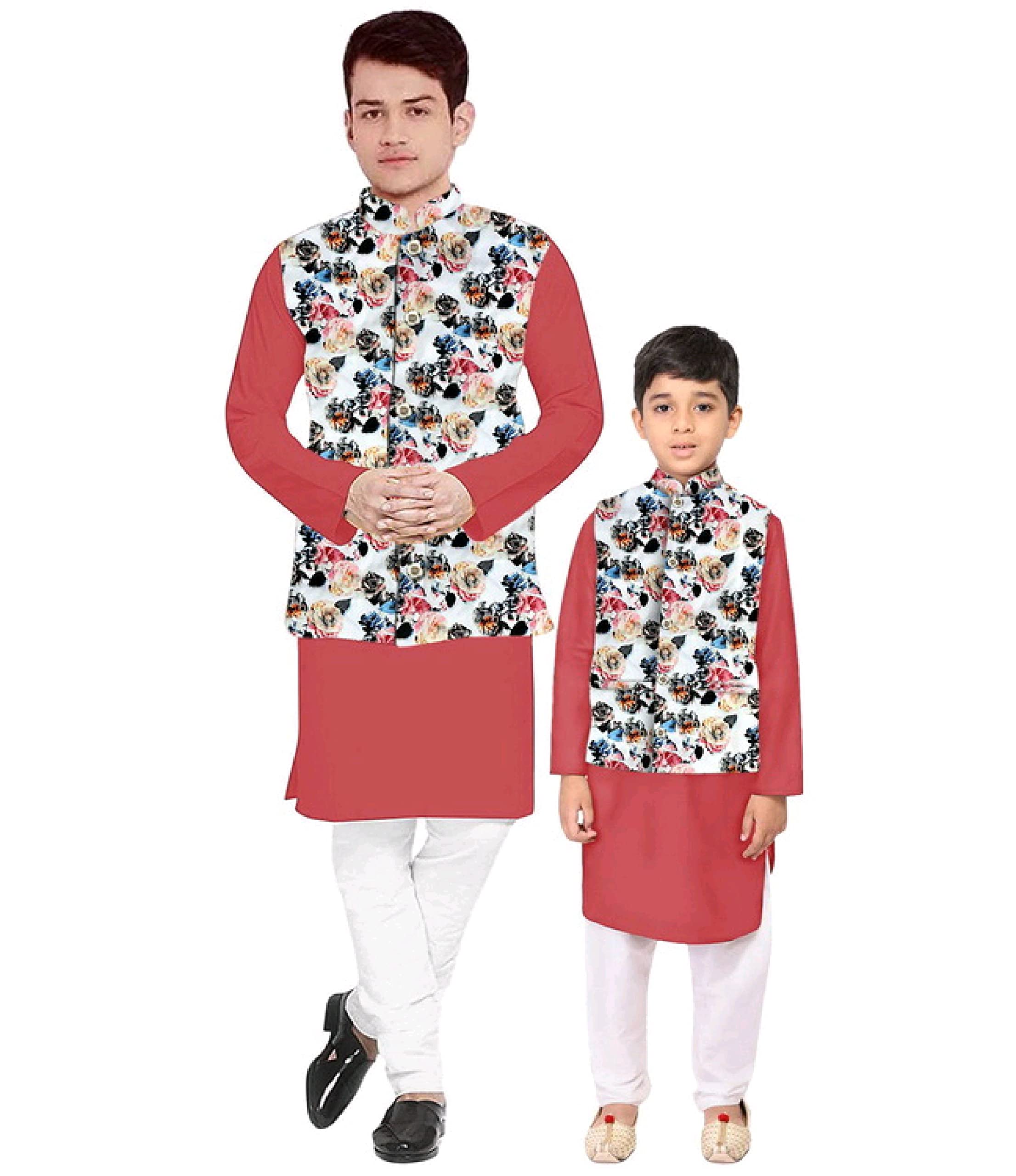 Os Men's & boy kurta pyjama set with nerhu jackets (Multi printed) in cotton (baap_beta|father_son|)-image-28