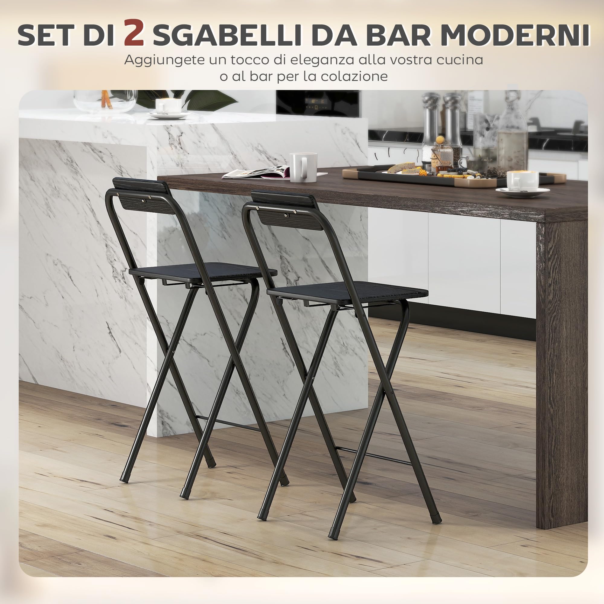 Set 2 Sgabelli Da Bar Pieghevoli HOMCOM - Con Schienale E Poggiapiedi, MDF E Acciaio, Nero, 87 Cm
