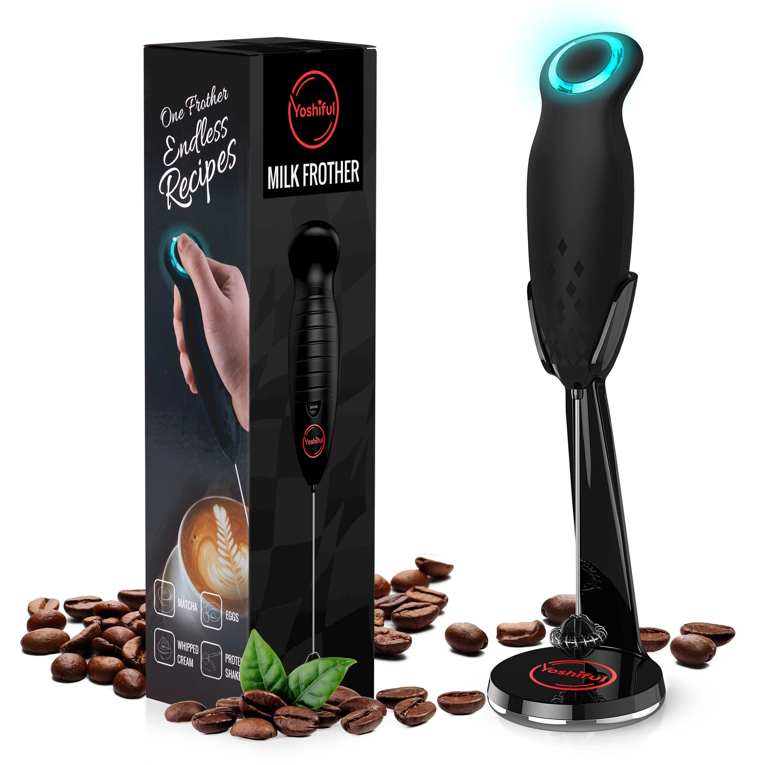 YOSHIFUL Deluxe Electric Milk Frother with Stand - Premium Turbine Whisk Cold Foam Frother Wand Drink Mixer - Supreme Comfort Frother for Coffee - Automatic Stirrer for Powders, Lattes, Matcha - Black