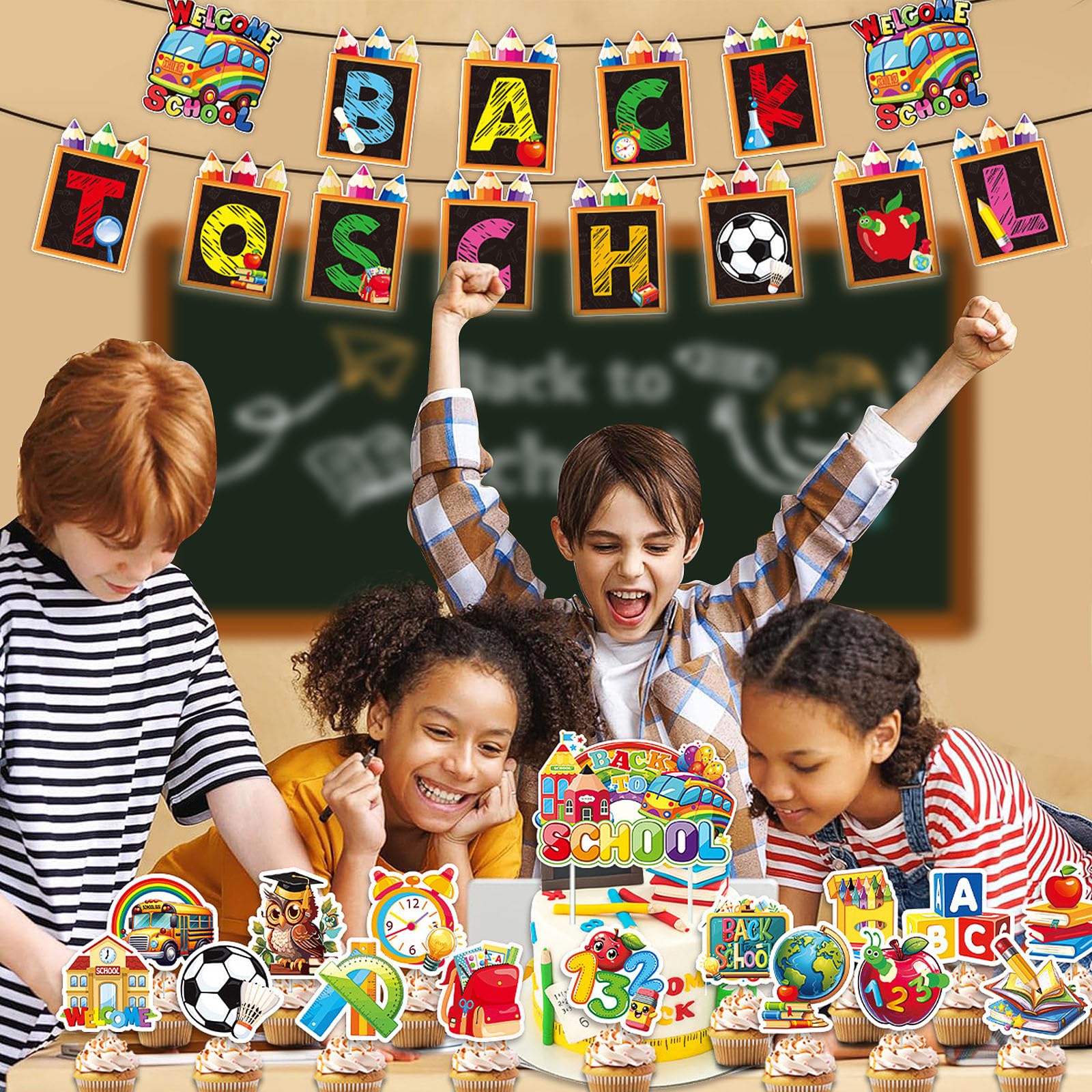 Décorations de Rentrée Scolaire Bannière de Classe 16 pièces Deco Cupcake Premier Jour d'École