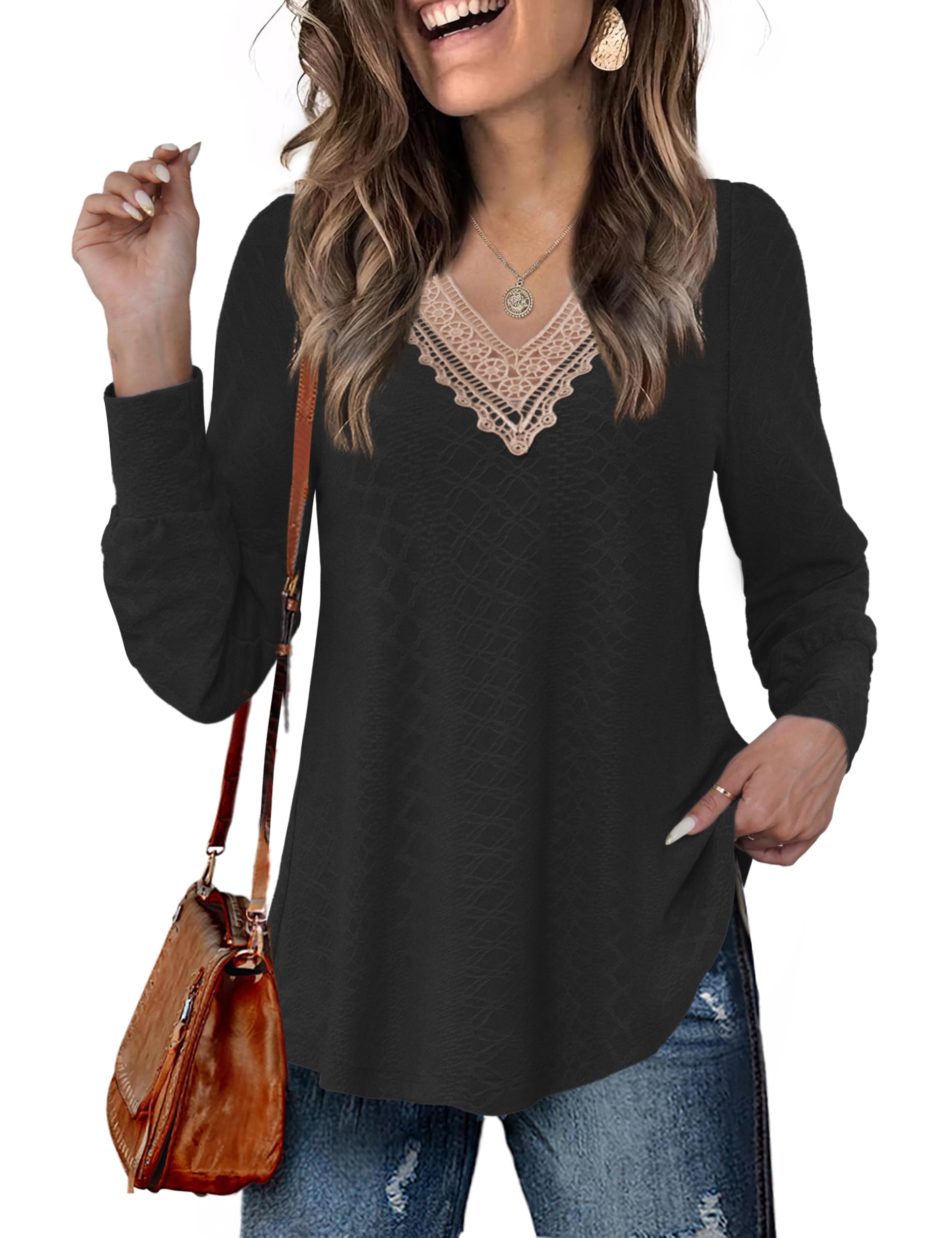 Tralilbee Women's Plus Size Top Long Sleeve Casual Blouses Trendy V Neck Loose Fit Tunc Tops L-4XL