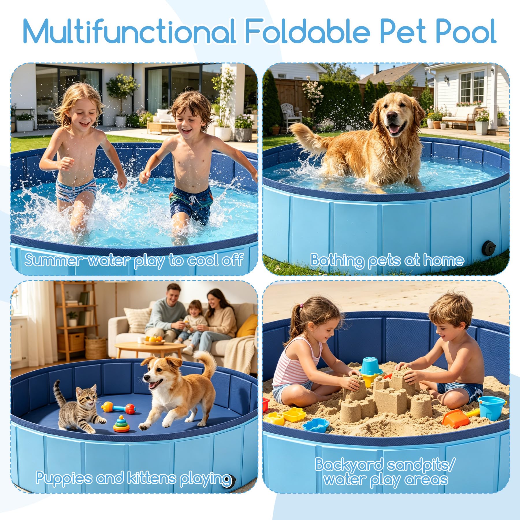 VEEKAY Hundepool Faltbar,100 x 30CM Hundepools für Kleine,Mittelgroße,Zusammenklappbarer Robuster Wasserdichter Schwimmpool für Kleine,Schnelle Entwässerung,Anti-Rutsch Badewanne