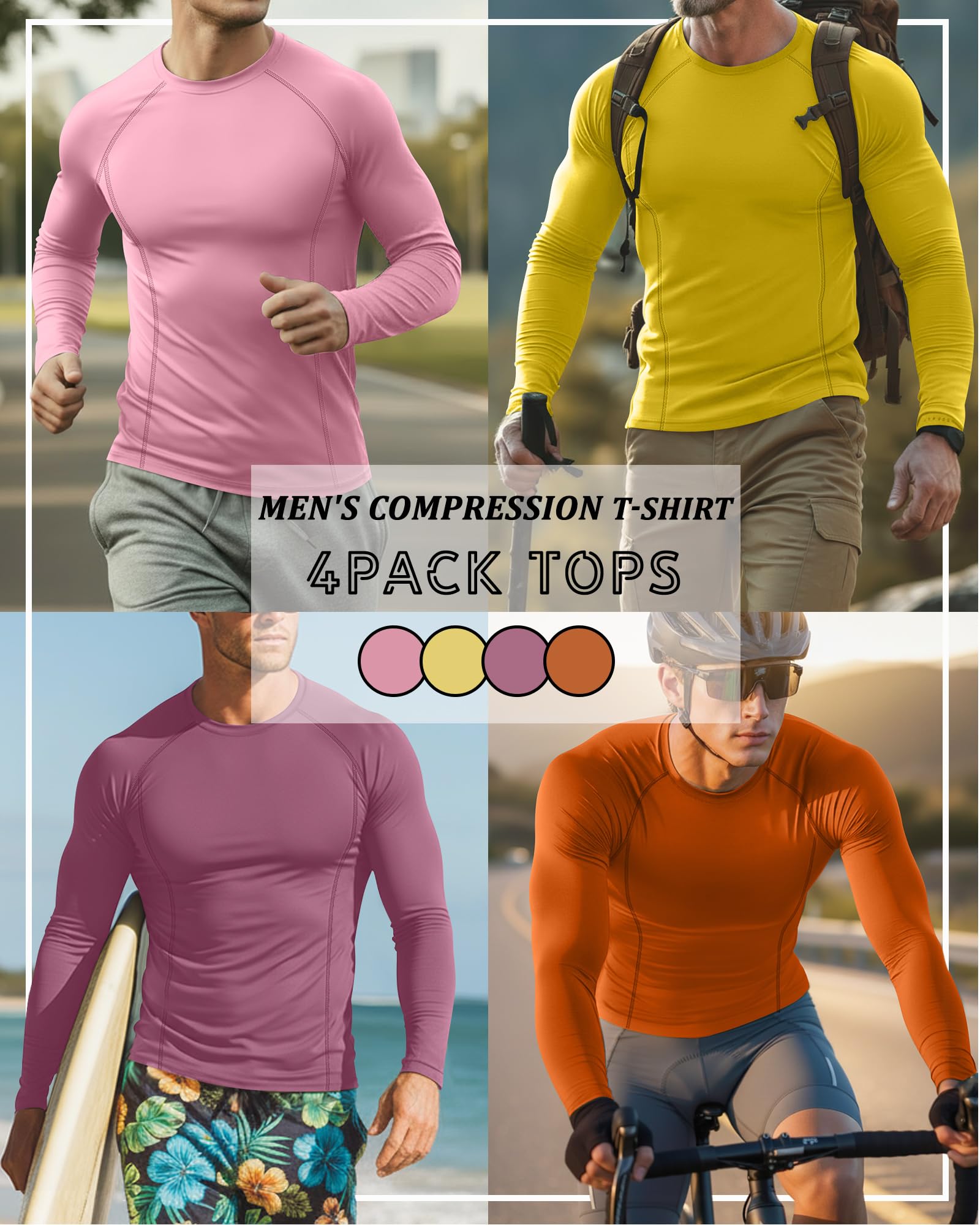 Neer Lot de 4 t-shirts de compression raglan à manches longues et col rond pour homme