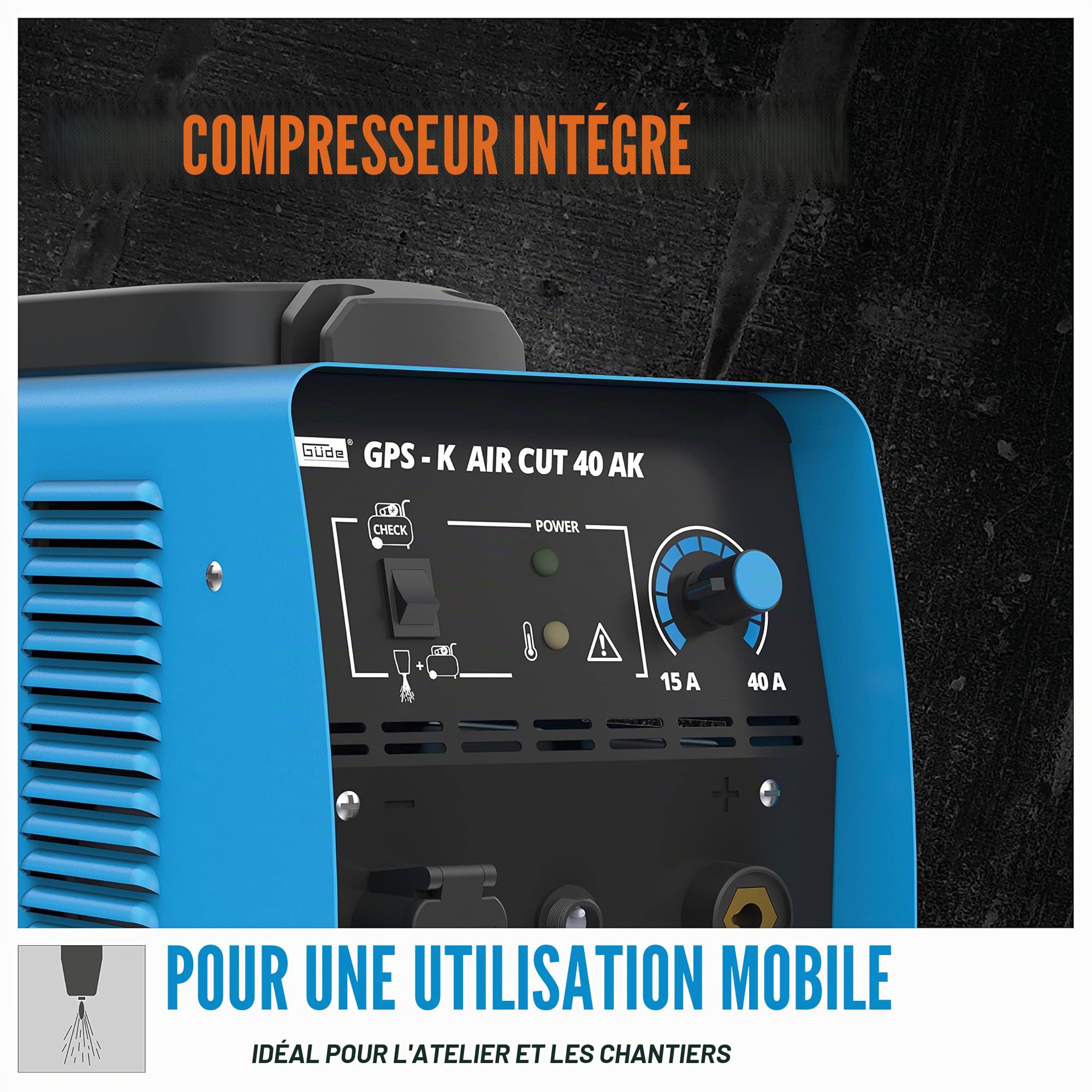Güde Découpeur plasma GPS-K Aircut 40 AK (découpeur plasma, compresseur intégré, découpe de métal jusqu'à 12 mm d'épaisseur, torche coupante de 2,5 m avec guide à rouleaux)