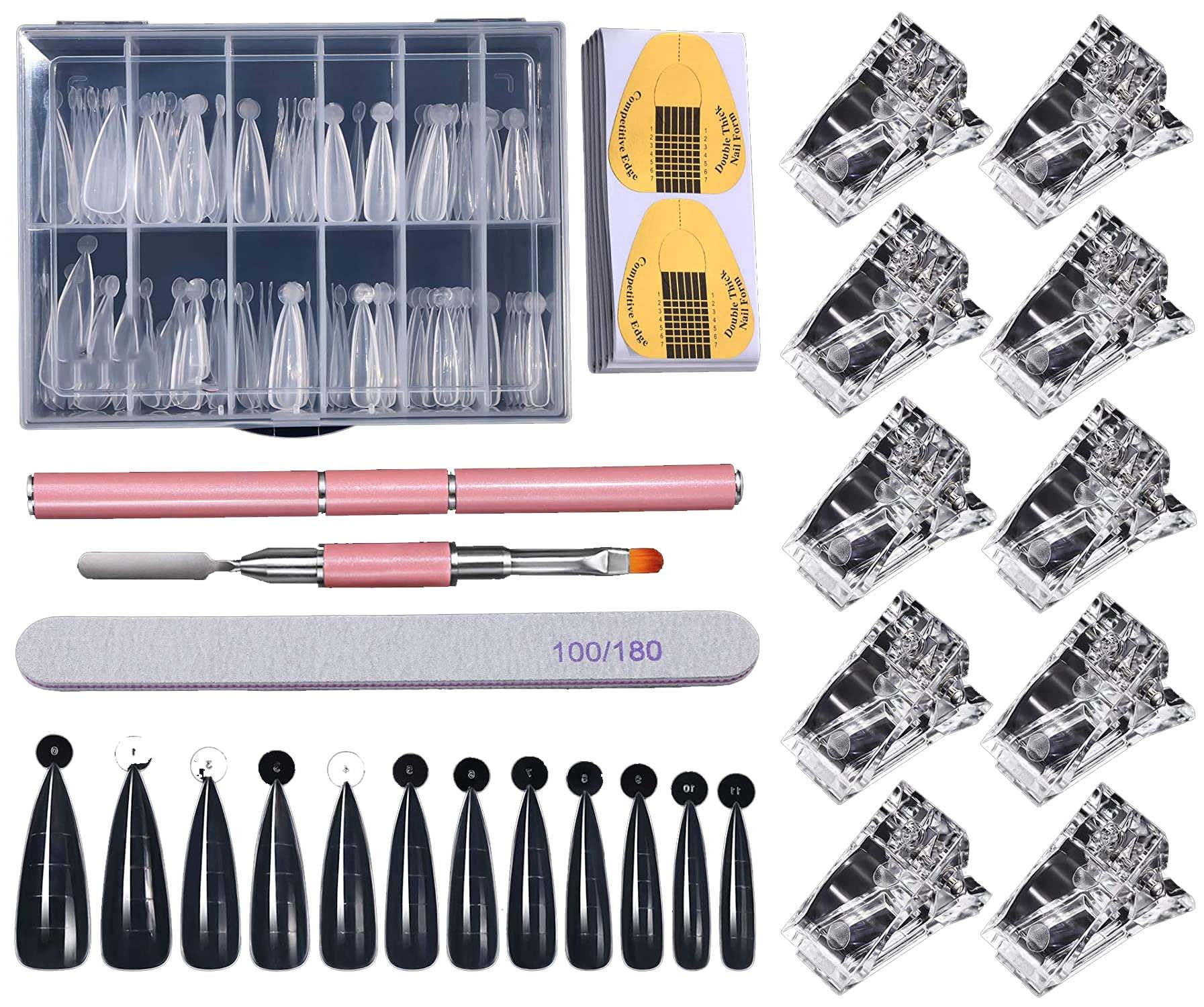 HIQUAY Dual Nail Forms Set, 120Pcs Stiletto Clear Acrylic Gel Nail Molds, 100PCS Nail Art Extension Guide Form Tool, 5Pcs Poly Gel Quick Building Nail Tips Clip 1Pc Dual-Ended Brush Pen Nail File