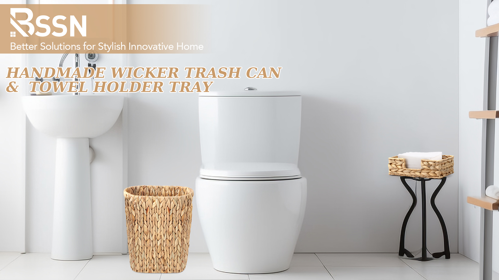 Image of Wicker Trash Can and Rectangle Napkin Holder, Guest Towel Holder,4 Gallon Water Hyacinth Bathroom Trash Can, Handwoven Napkin Holder, Narrow Small Waste Basket, Rustic Decorative Home and Office Set