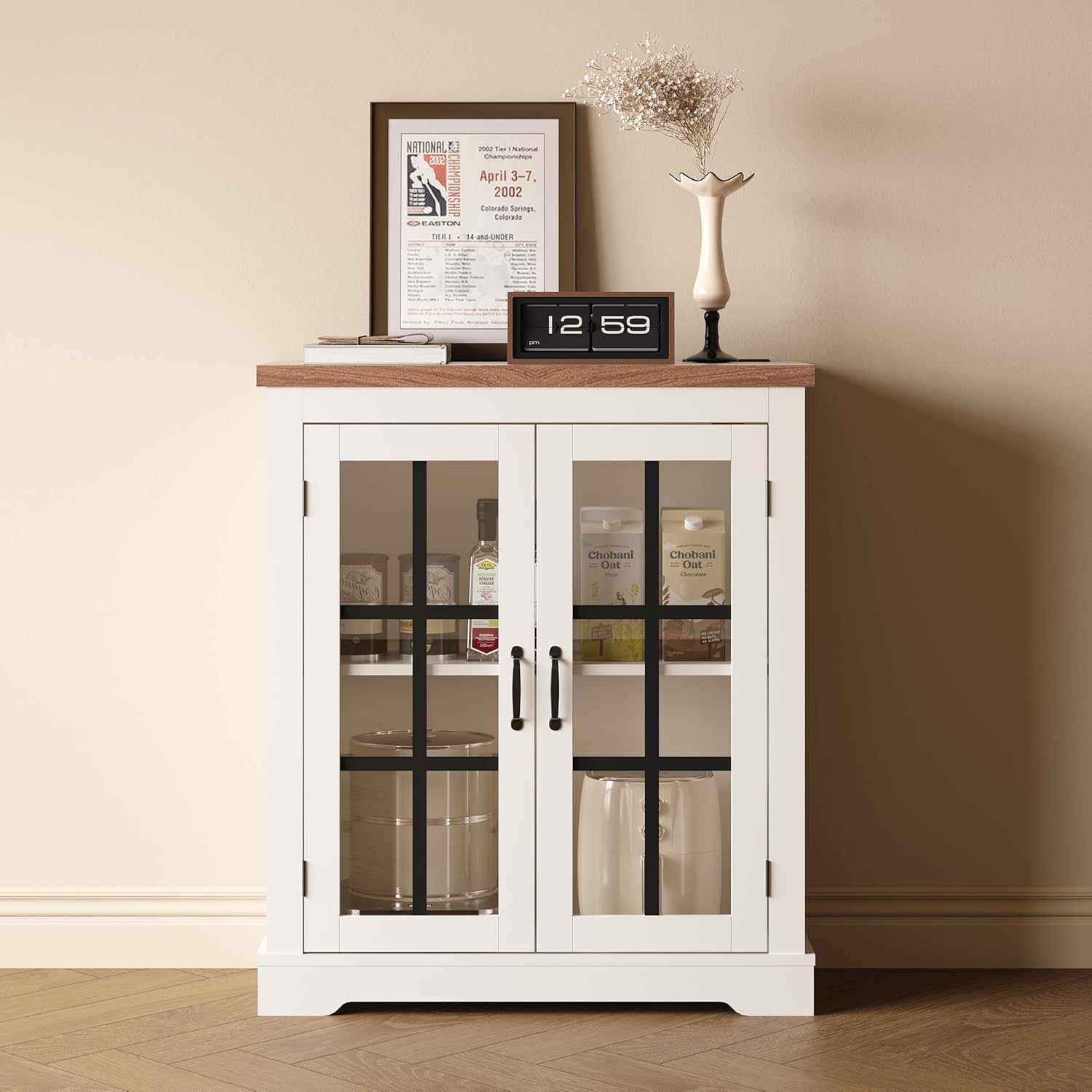 Buffet Cabinet with Storage, Sideboard Buffet with Glass Doors, Built-in Power Outlet, Elegant Walnut Top Plate, for Kitchen, Coffee Bar, Pantry, Living Room