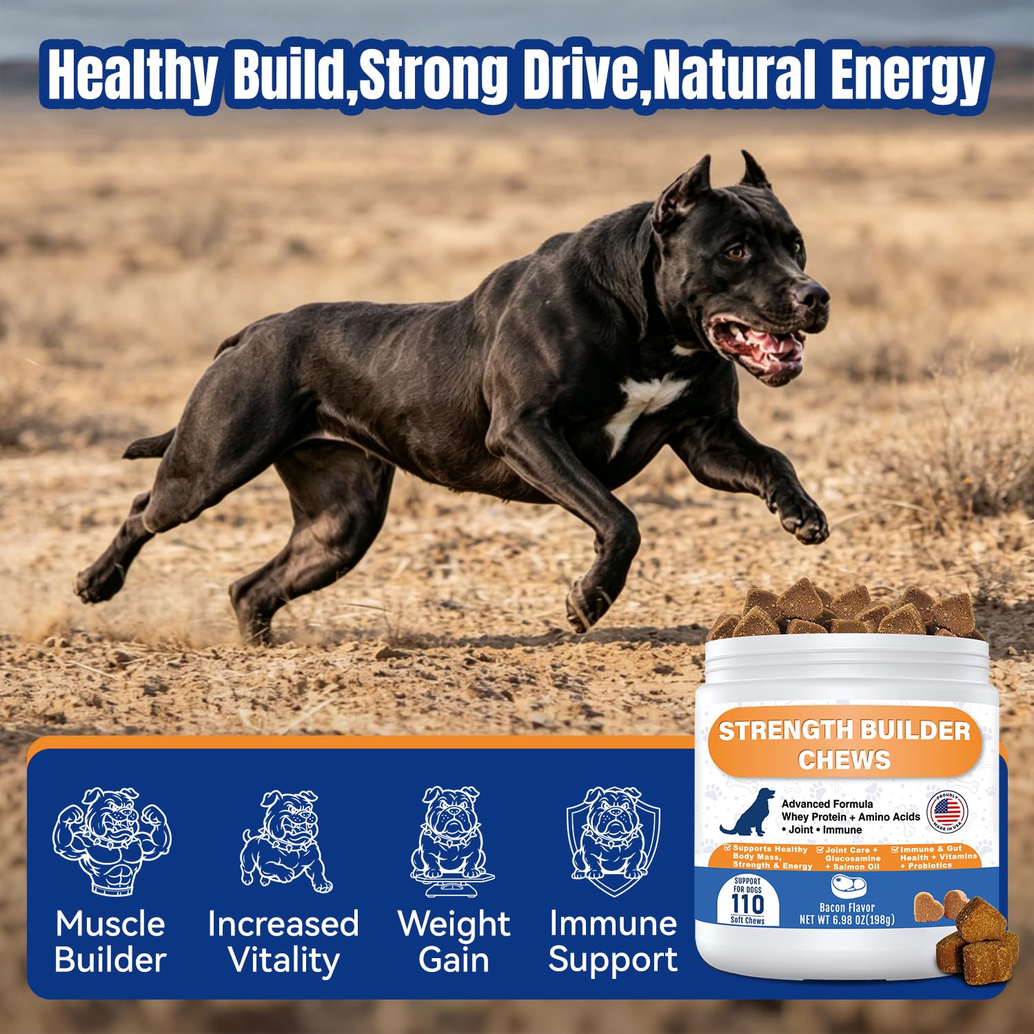 Muscle Gain Chews for Dogs, Weight Gain Supplement with Whey Protein & BCAA Amino Acids for Lean Muscle Support, Strength & Daily Vitality, Vitamins for Active & Bully Breeds, Bacon Flavor, 110 Count — Amazon image 2