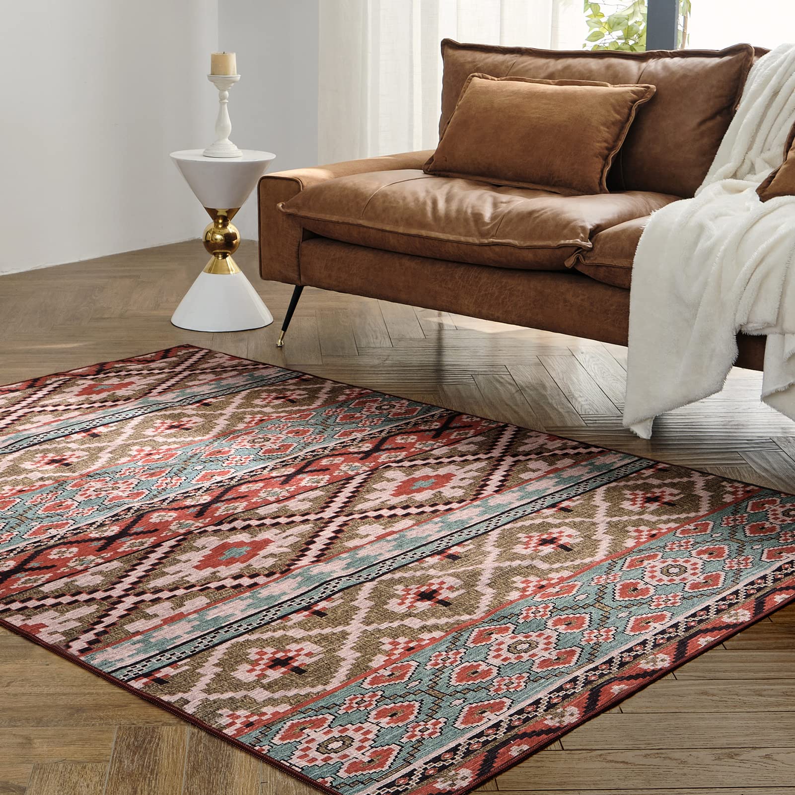 INGEROOM Washable Rug for Living Room Bedroom Vintage Area Rugs Boho Machine Washable Rug Non-Slip Prisian Carpet Rugs Home Decor, 4'x6' Ares Rugs, (Multi-Red)