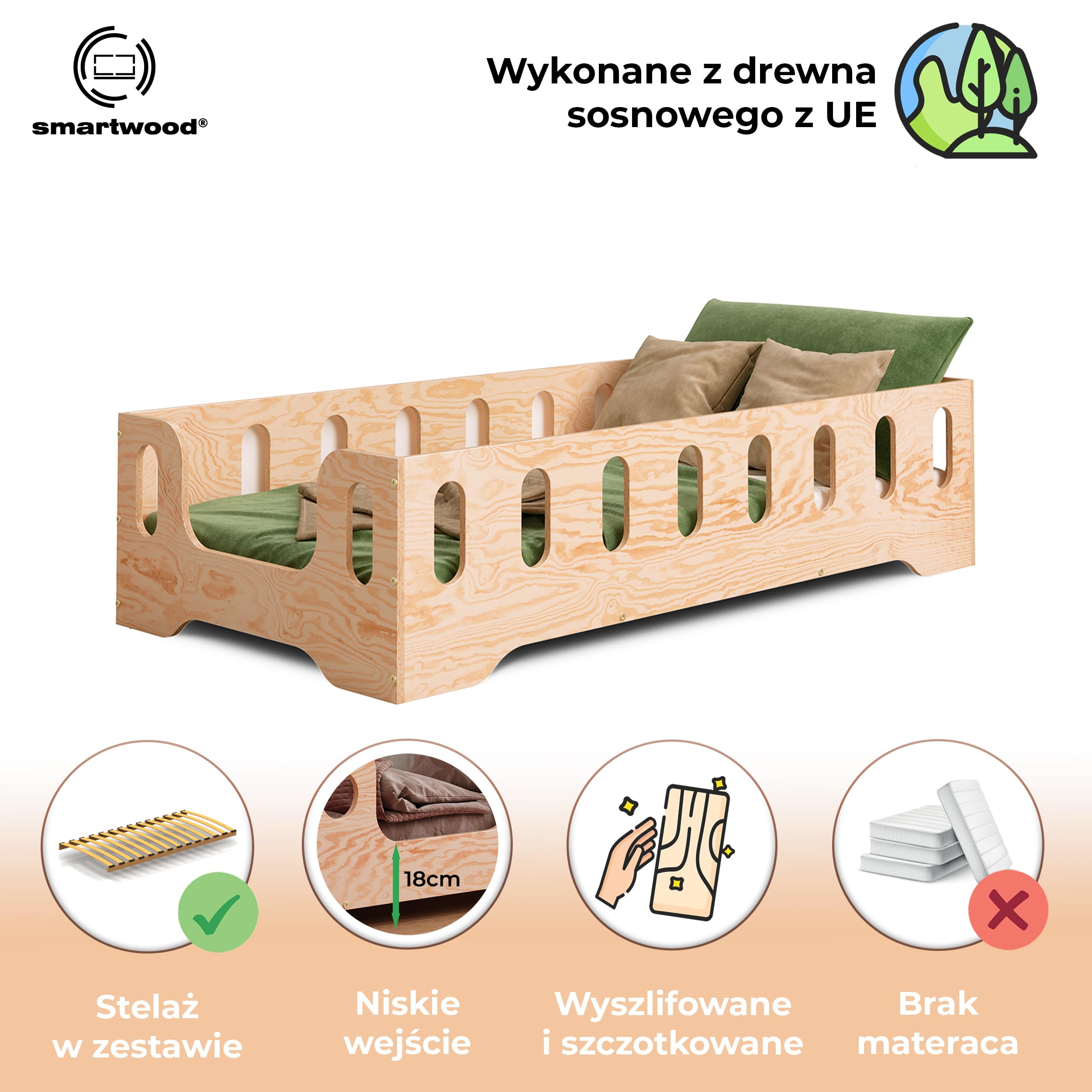 smartwood Łóżko podłogowe 60x120 z barierką, Drewno, Naturalne, TILA 2B | Łóżko dziecięce Montessori, nośność stelaża do 230 kg, certyfikowane FSC, zaokrąglone krawędzie, łatwy montaż, od 3 lat