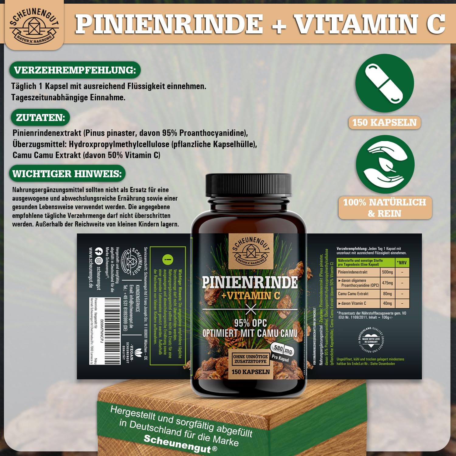 Pinienrindenextrakt -475mg OPC je Kapsel- WICHTIG: 25:1 Extrakt (=14500mg Französische Meereskiefer je Dosis) +Vitamin C I 150 Kapseln mit 95% OPC I Laborgeprüft -DE- SCHEUNENGUT®