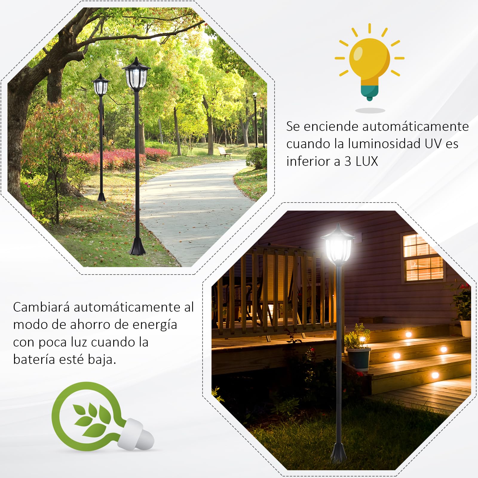 Outsunny Conjunto de 2 Farolas Solares con Panel Ø26,5x177 cm Negro | Luces de Solar para Jardín, Encendido Automático, Protección al Ambiente, 6 Luces LED, para Terraza Patio