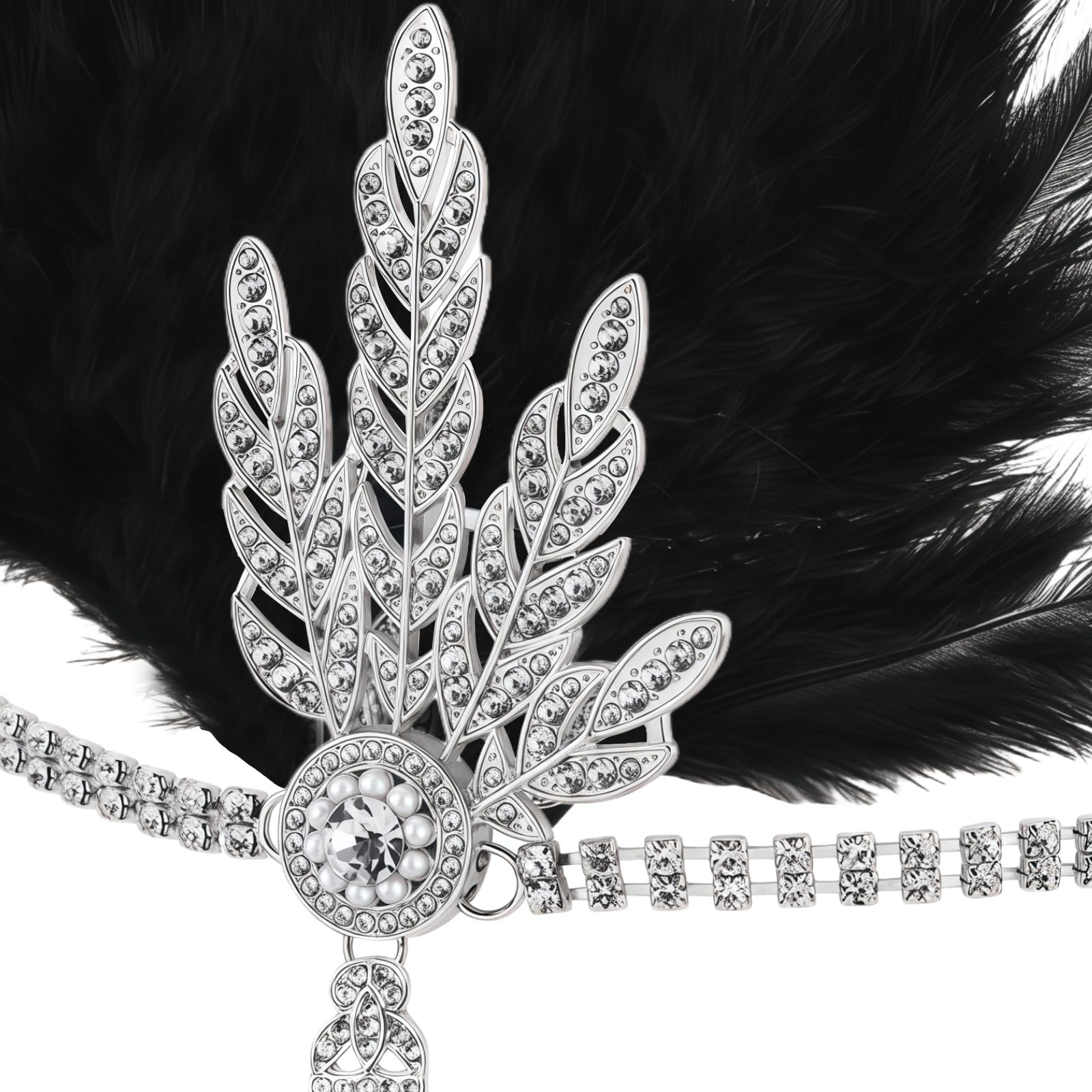 1920s Great Gatsby Accessories Headband Flapper Headpiece Women Gatsby Headband Feather Headpiece Vintage Themed Party Halloween Costume Roaring Fascinator Flapper Girl Hat Silver Leaves Pearl Tassel - Image 3