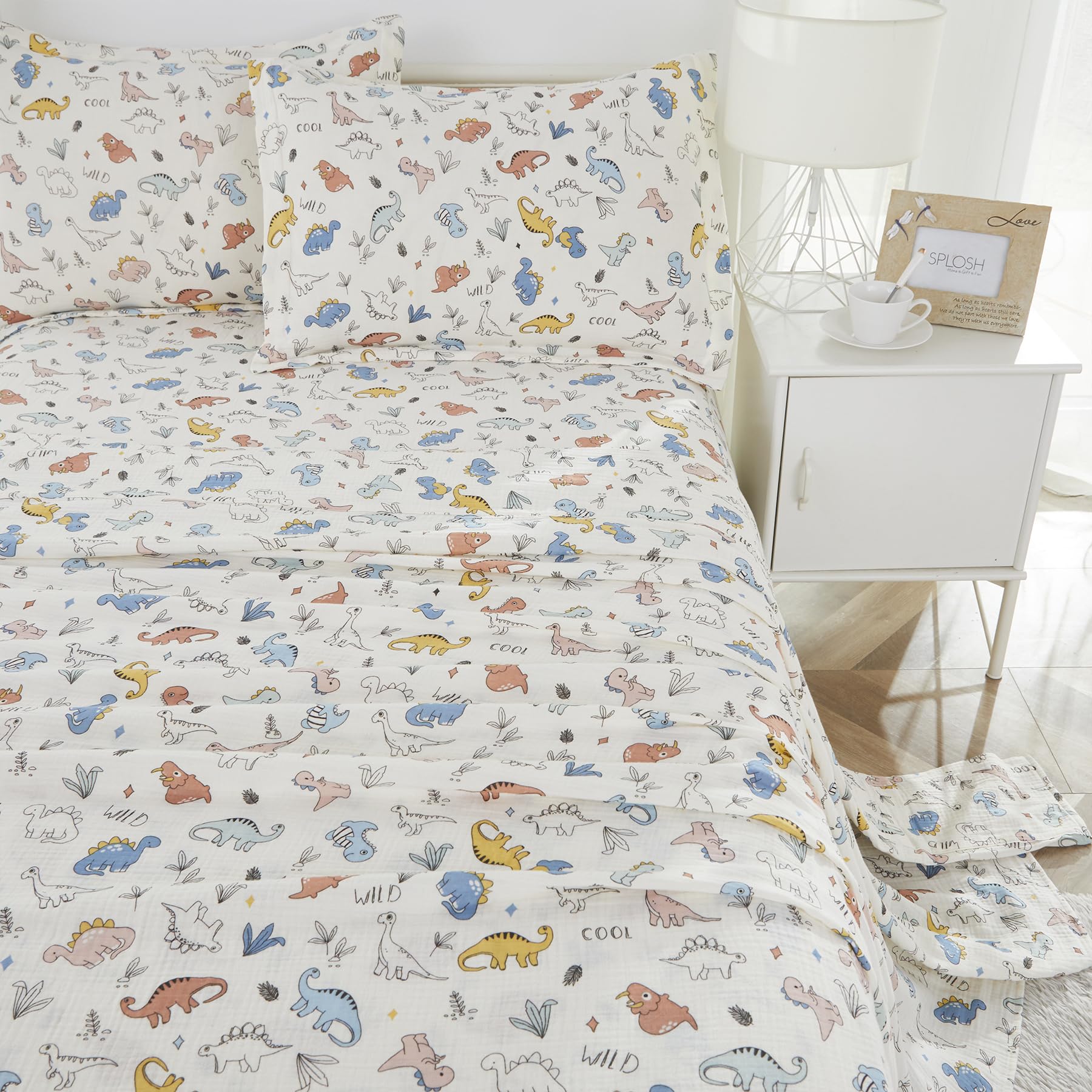 Brandream Boys Bed Sheet Set Queen Size Kids Bedding Dinosaur Print 100% Soft Cotton Gauze Sheet Pillowcase Set 4Pcs Soft and Breathable, Cream