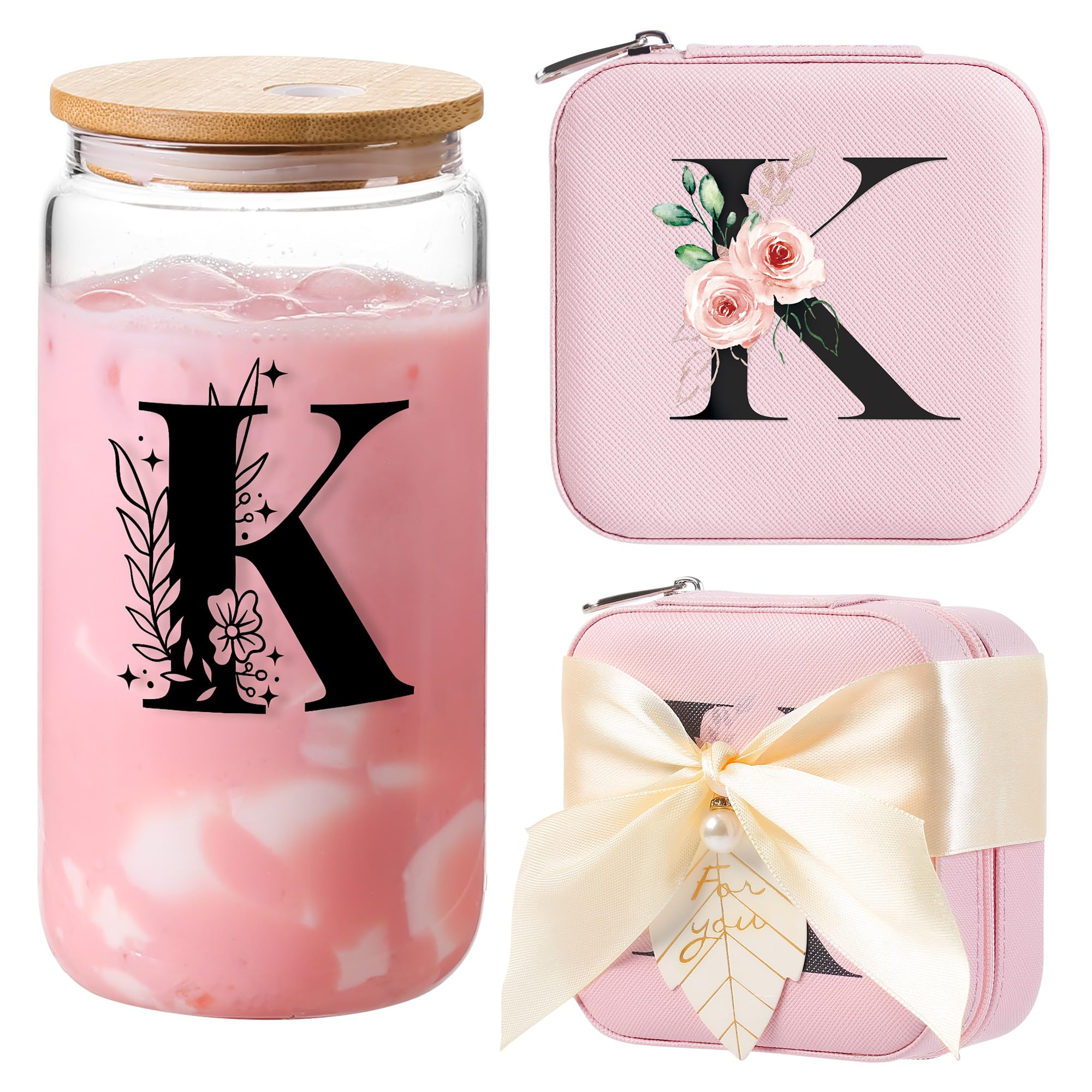 AYGXU Mothers Day gifts,Graduation Gifts for Her, Bridesmaid Gifts,Drinking glass with Bamboo Lids and Straw,Jewelry Organizer,Travel Essentials Small Jewelry Box,Teen Girls Gifts,Initial K pink