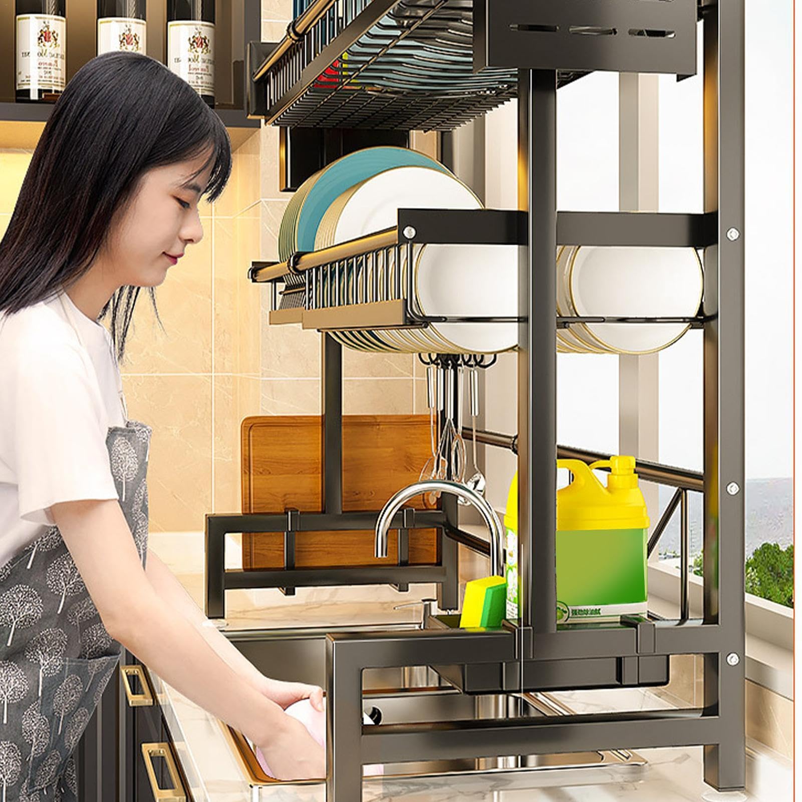 Escurridor de platos para encimera de cocina, escurridor de platos en | fregadero,Escurridor de platos retráctil de 2 niveles | Estante de fregadero de cocina de acero inoxidable, soporte de