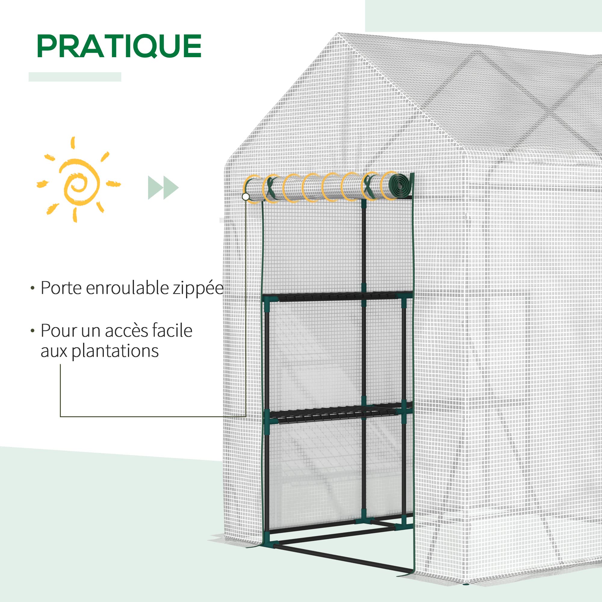 Outsunny Szklarnia ogrodowa z półką 2 poziomy dim. 1,43L x 1,43 l x 1,95H m Drzwi rozwijane ze stali PE o wysokiej gęstości 140 g/m² przezroczysta biała