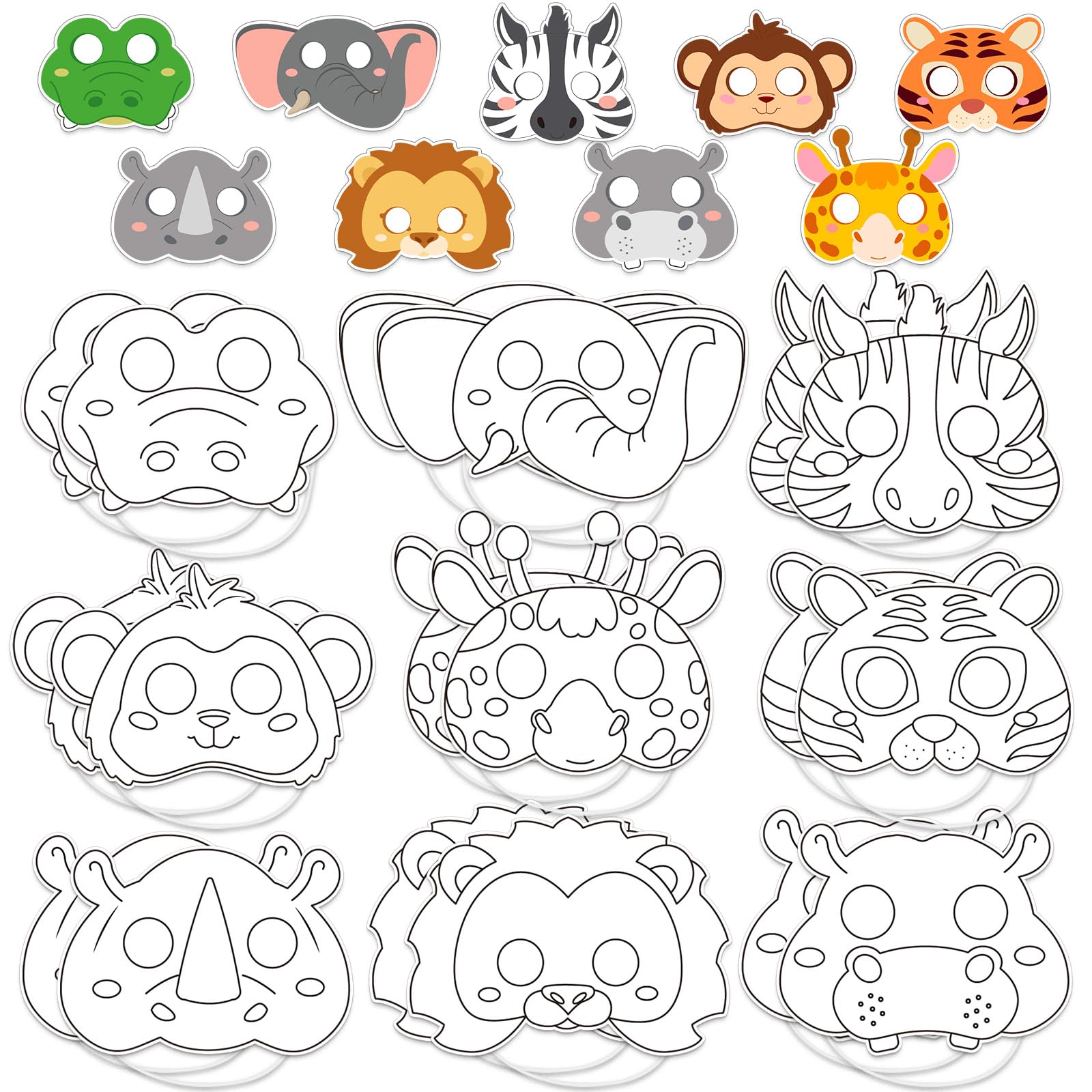 Lonfliness 63 Set Animal Coloring Mask Jungle Paper Art Craft Kids Color Your Own Safari Lion Blank DIY Mask Masquerade Birthday Party Dress-Up Decoration Favor School Classroom Activity Game Supplies