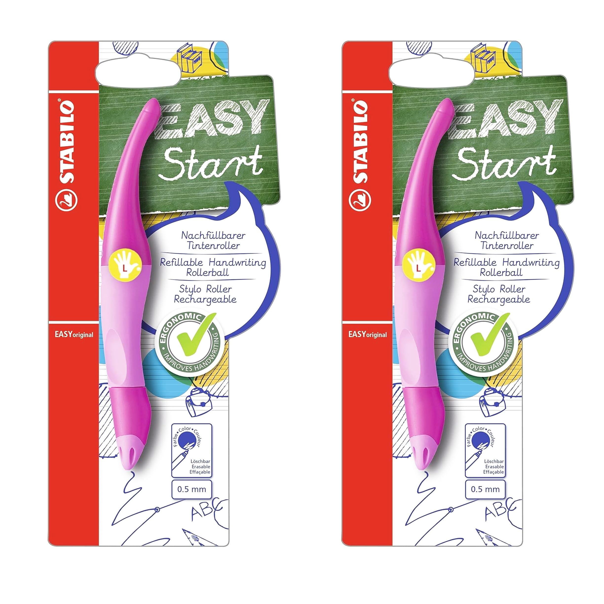 STABILO Ergonomic Rollerball EASYoriginal Pen - Pack of 2 (Left-Handed, Light Pink/Dark Pink)