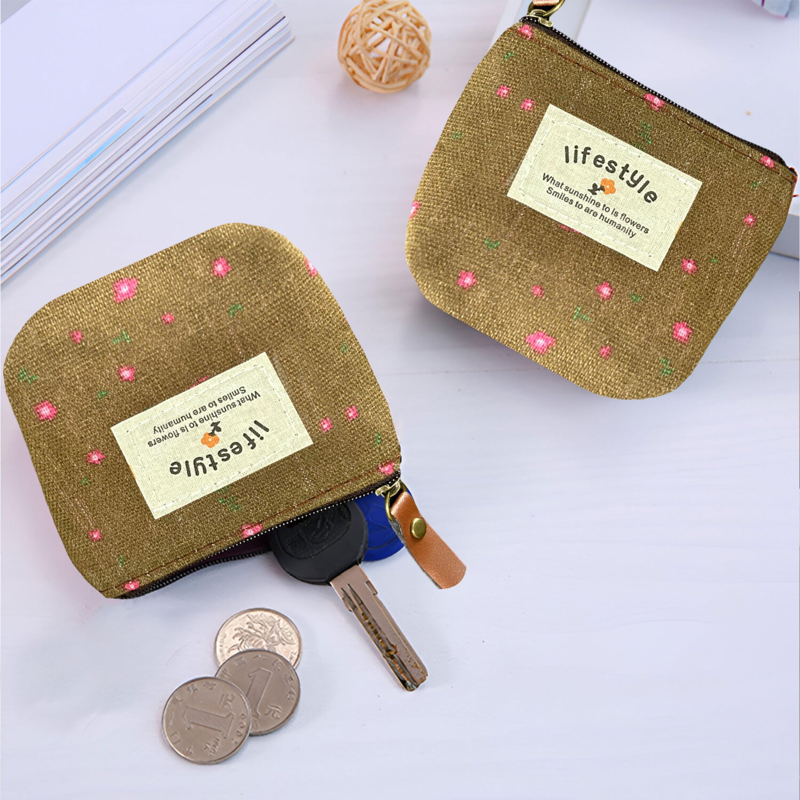 Kraptick Multipurpose Coin Pouch – Compact Zipper Purse for Coins, Cash & Small Essentials Durable & Stylish Fabric Mini Organizer for Daily Use (Light Brown) (Pack of 2) 4