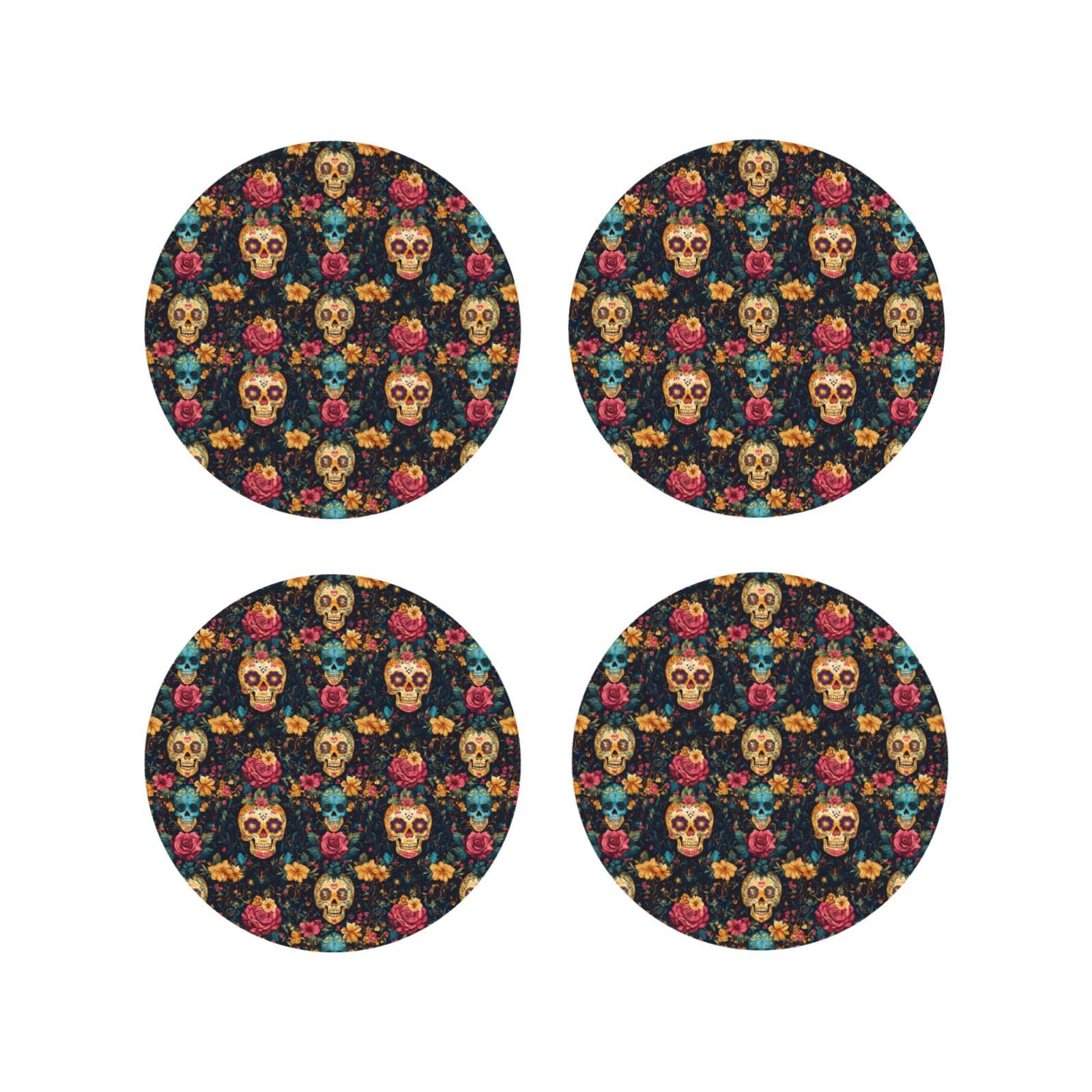 Leather Coasters Set of 4 - Classic Flower Skull Print Lightweight Drink Coasters for Desk