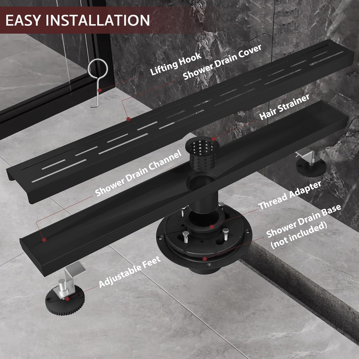 32 Inch Linear Shower Drain, Matte Black Shower Drain,Removable Grate, 304 Stainless Steel, Easy to Install and Clean for Bathrooms (Drain Base Not Included), LSD-19A-32B