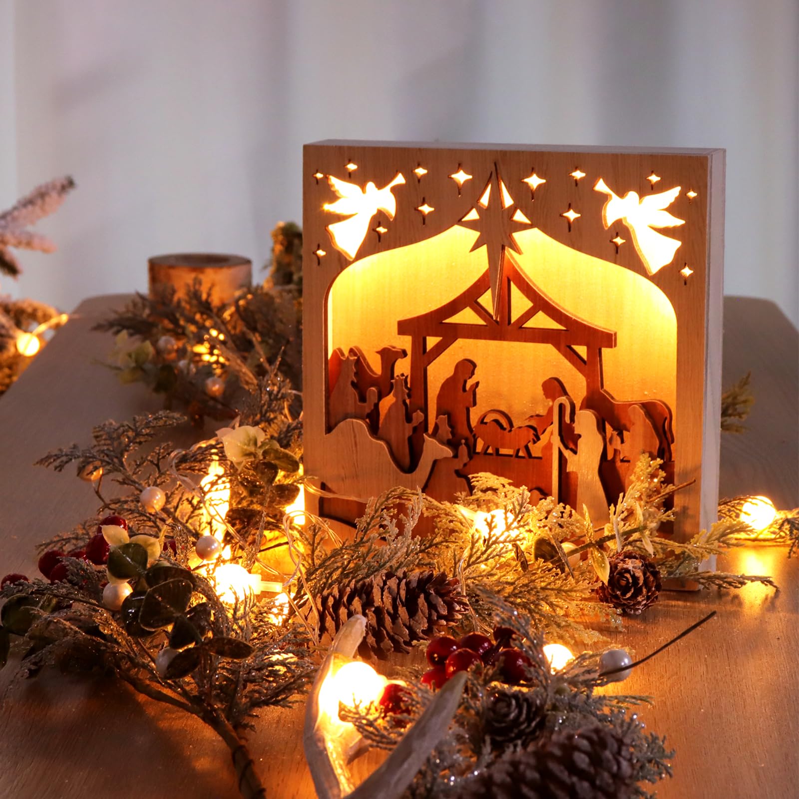 Belén Navideño De Madera Con Luces LED | Temporizador 6h/18h | Decoración Estrella 30 Cm