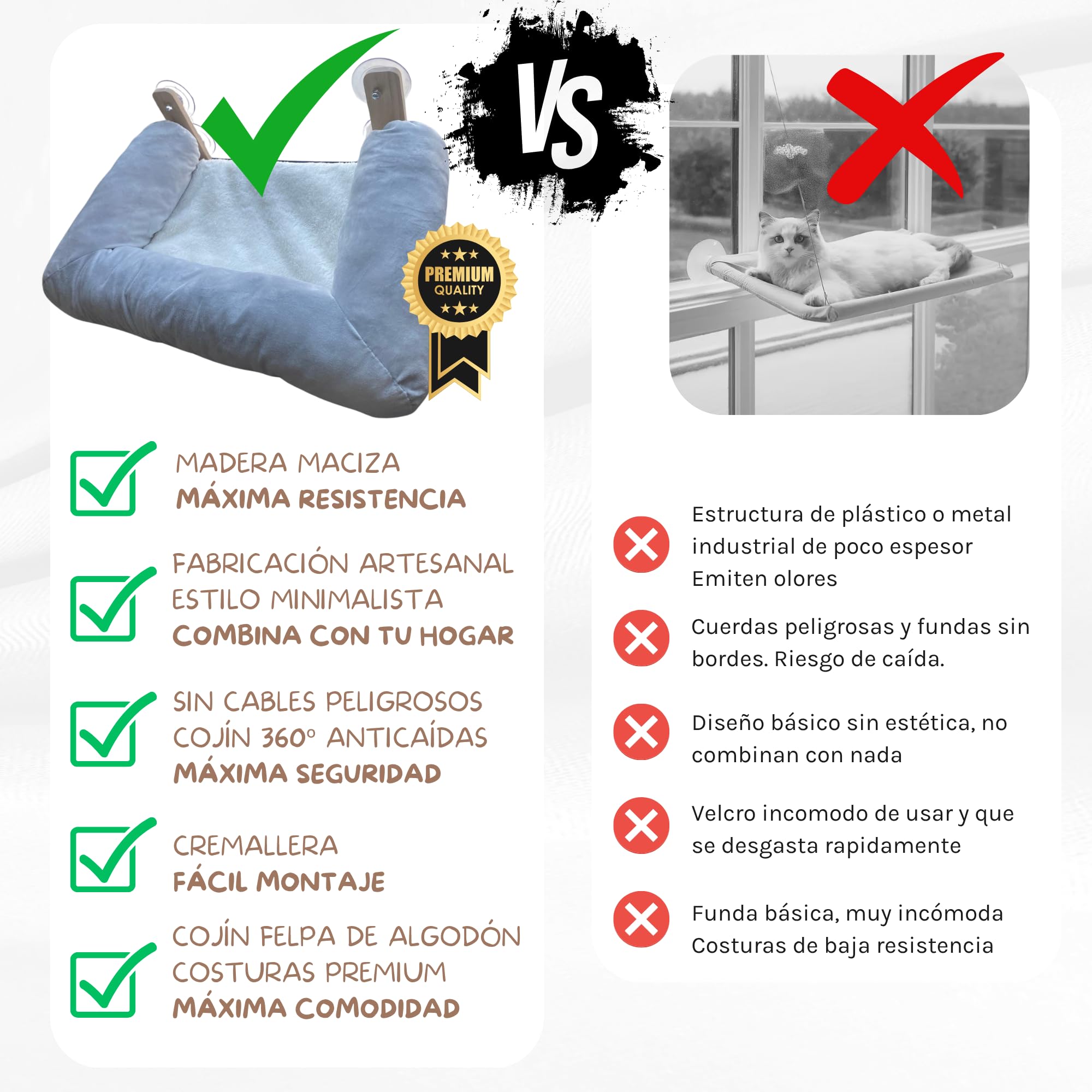 CATTUNED | Cama Gato Ventana, Madera Maciza + Cama-Nido Ultra Suave, Ventosas Extra Fuertes, Diseño Minimalista, Ideal para Interior Moderno, Hamaca de Gato para Ventana, Hamaca para Gatos Grandes