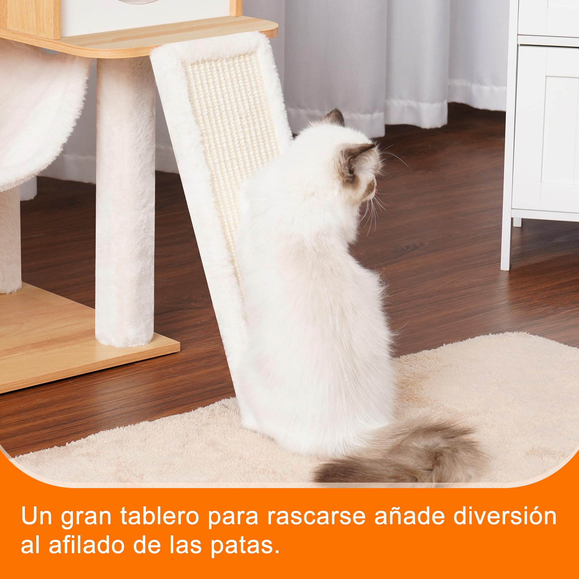 Heybly Árbol para Gatos Moderno, 156 cm de Altura, 4 Niveles, Postes Rascadores, 2 Plataformas, Cuevas, Hamaca, 3 Pompón, Multinivel para Gatos Grandes, Nogal