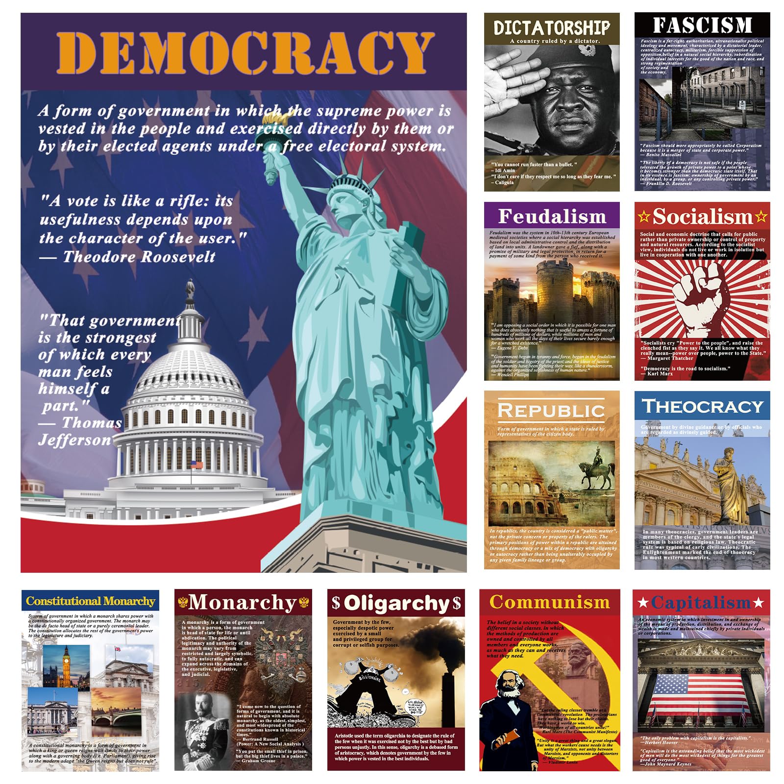 Generic Forms of Government Posters 12 Pack Social Studies Poster Economic Ideologies Poster Bulletin Board Decorations Biology Physics Classroom Decor for Teacher Supplies School Decor